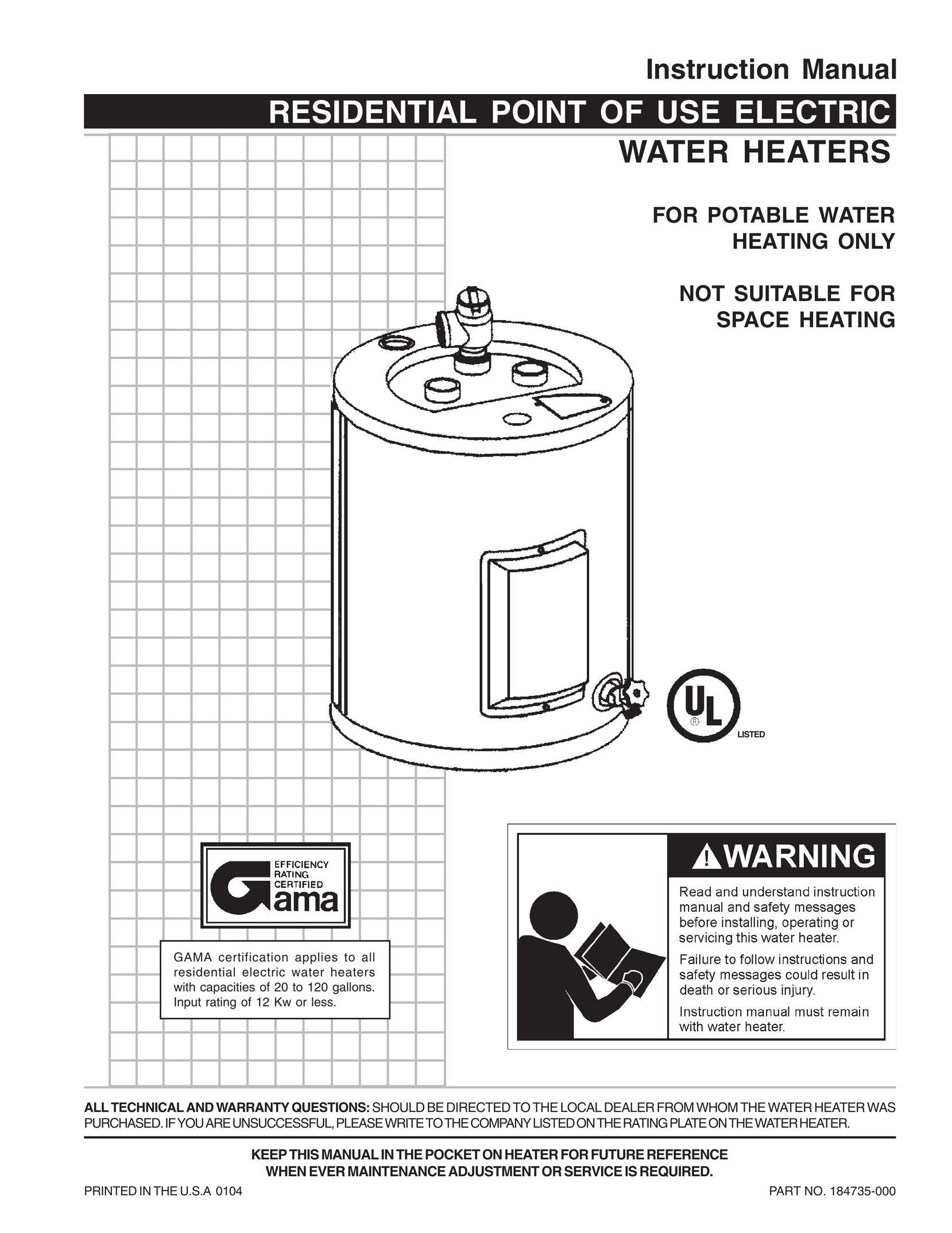 Reliance Water Heaters 184735-000 Water Heater User Manual