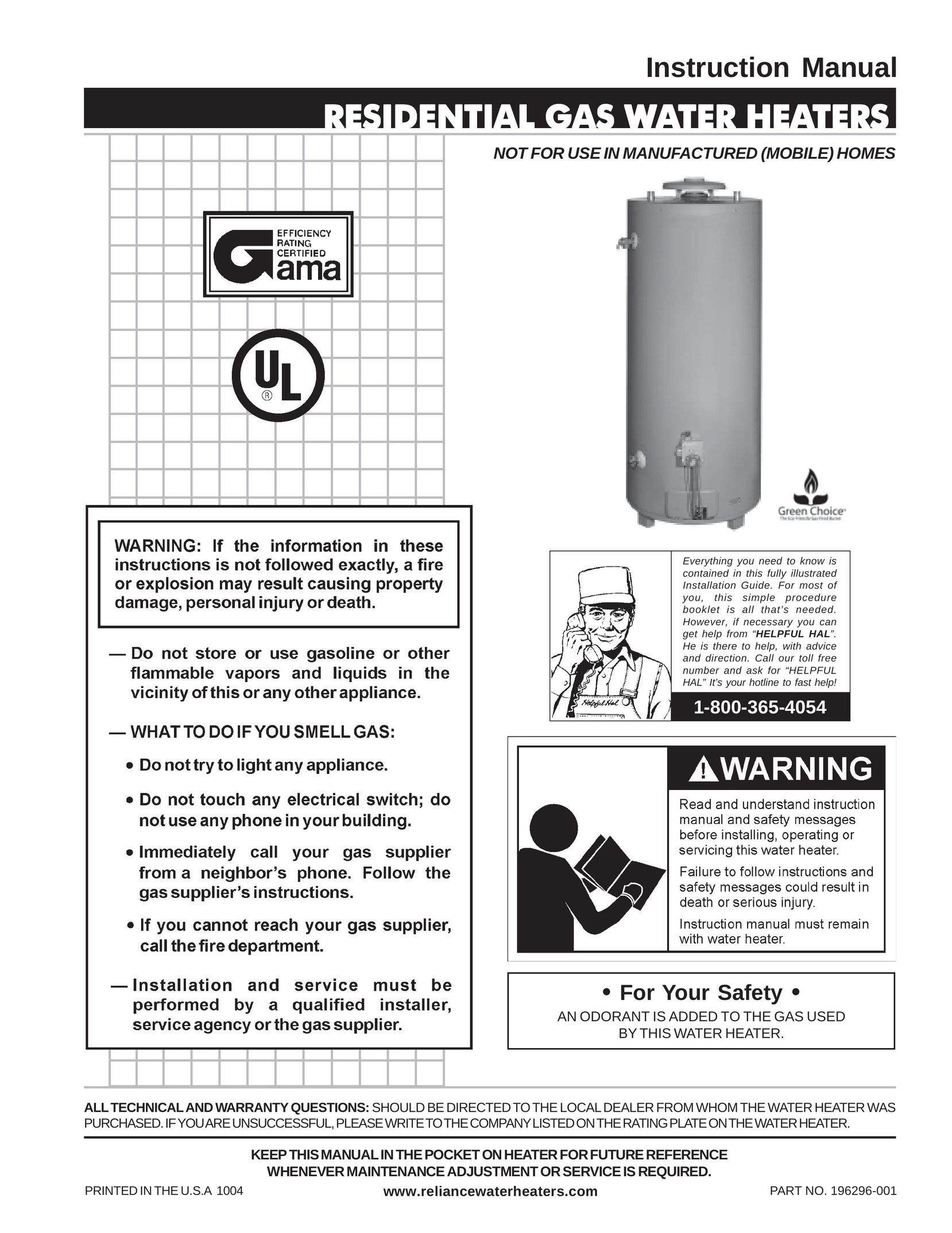 Reliance Water Heaters 196296-001 Water Heater User Manual