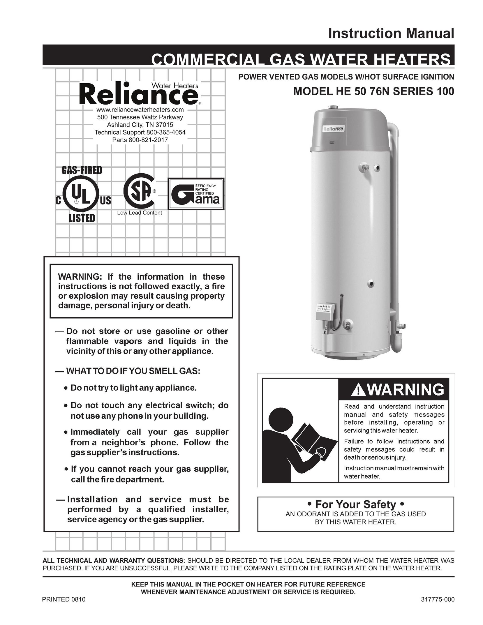 Reliance Water Heaters 317775-000 Water Heater User Manual