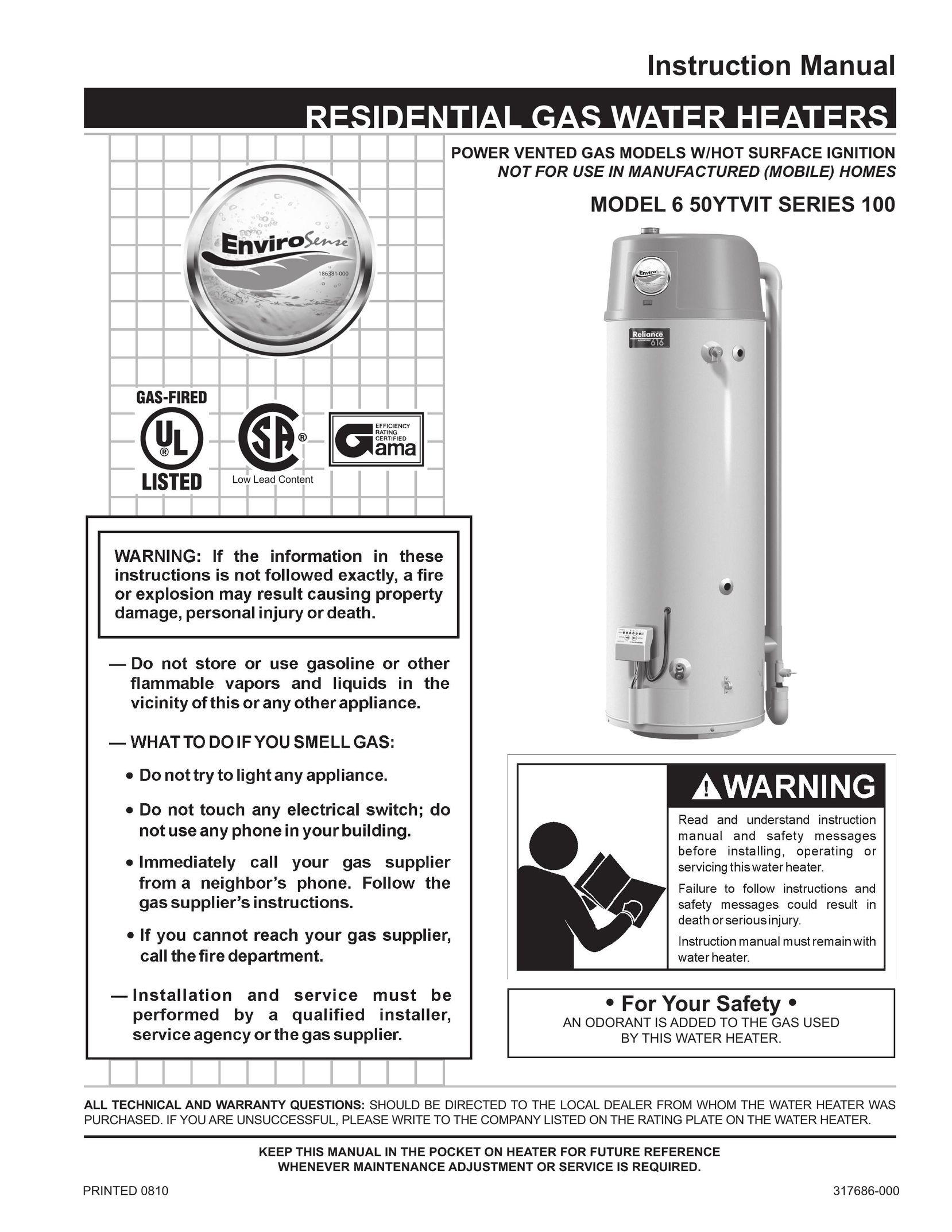 Reliance Water Heaters 6 50YTVIT SERIES 100 Water Heater User Manual