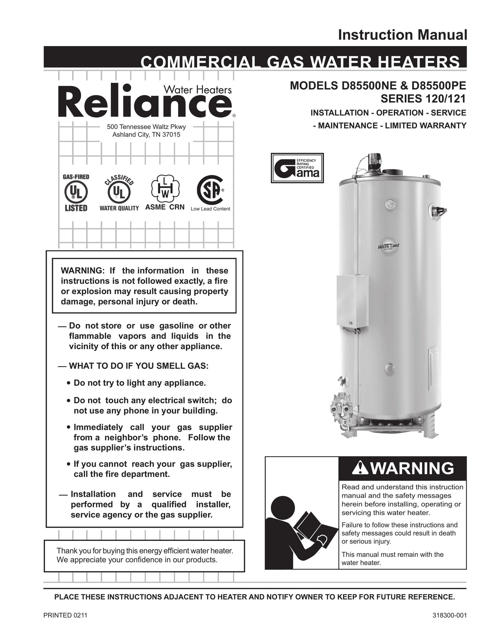 Reliance Water Heaters D85500NE Water Heater User Manual