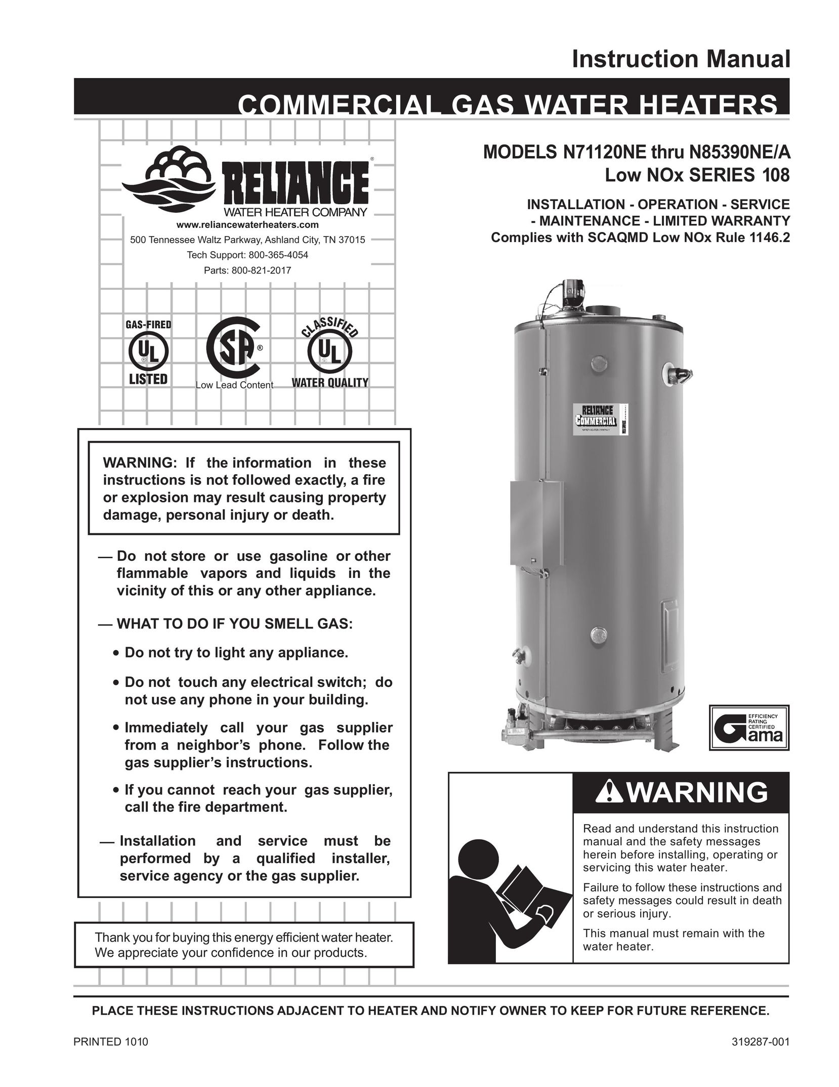 Reliance Water Heaters N85390NE Water Heater User Manual