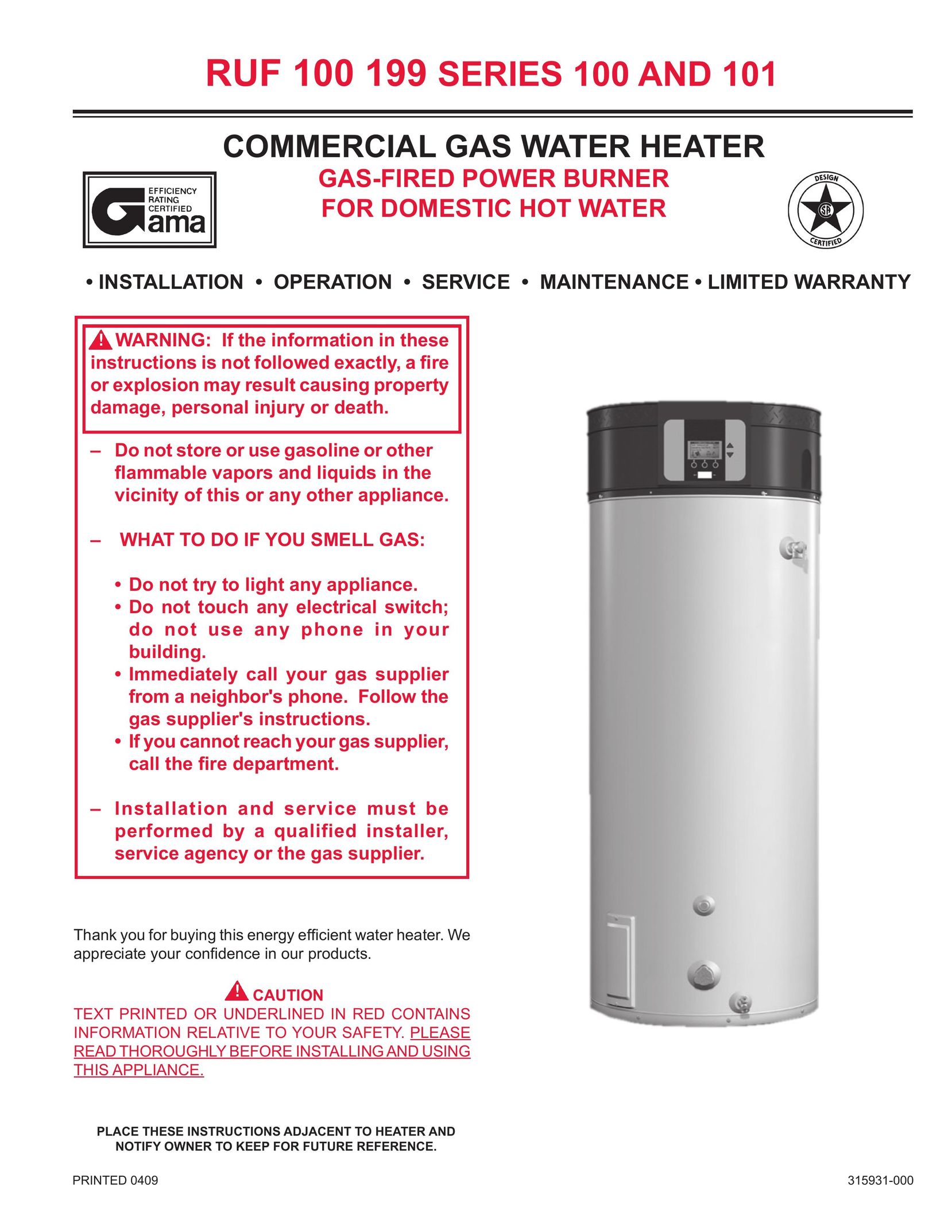 Reliance Water Heaters RUF 100 199 SERIES 101 Water Heater User Manual