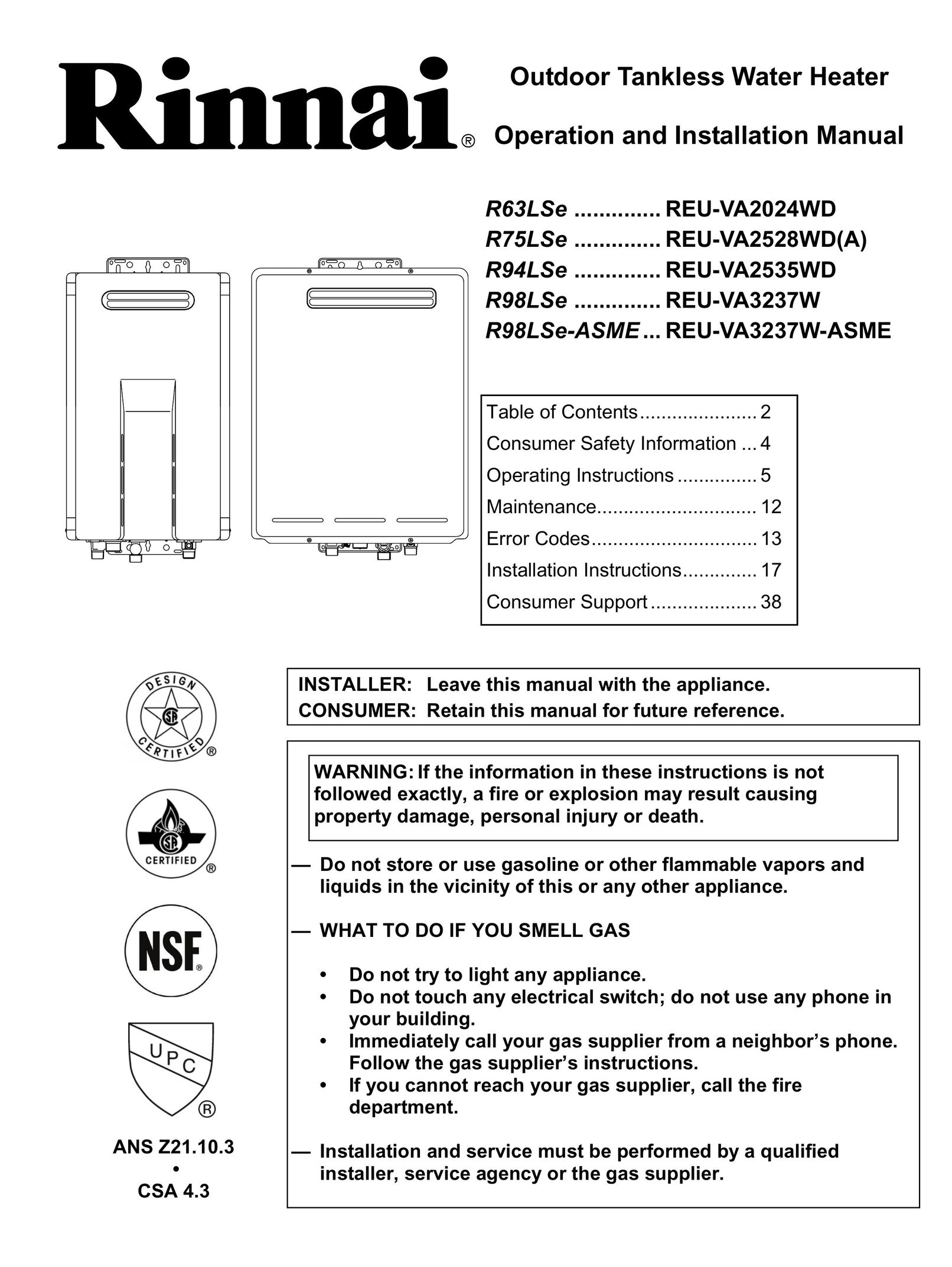 Rinnai R63LSe Water Heater User Manual