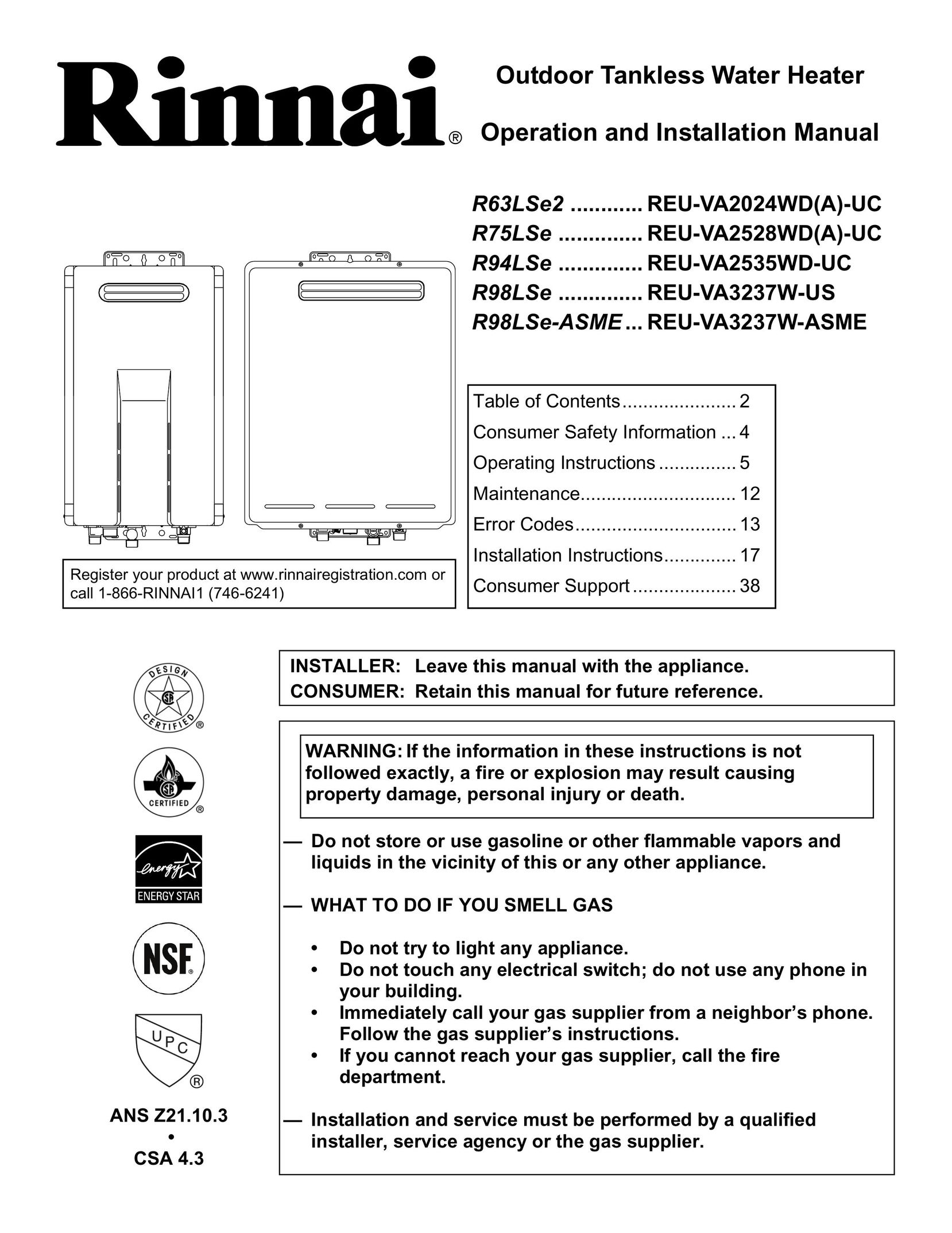 Rinnai R63LSE2 Water Heater User Manual