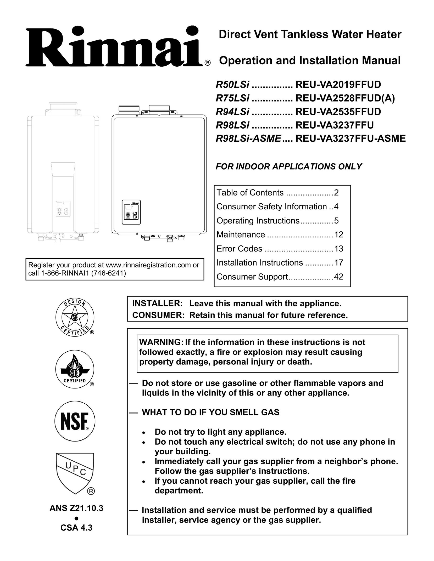 Rinnai R98LSI-ASME Water Heater User Manual