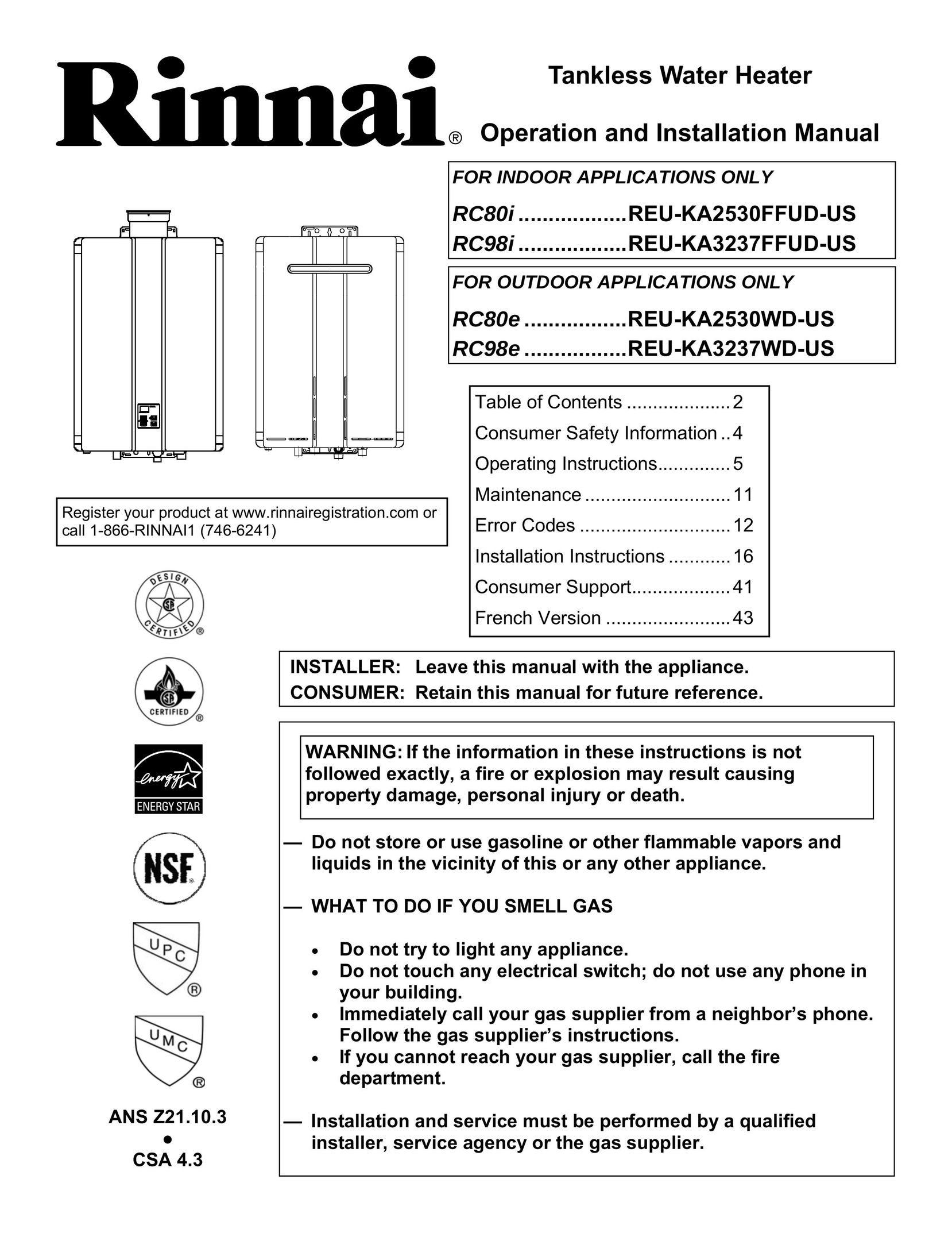 Rinnai RC98E Water Heater User Manual