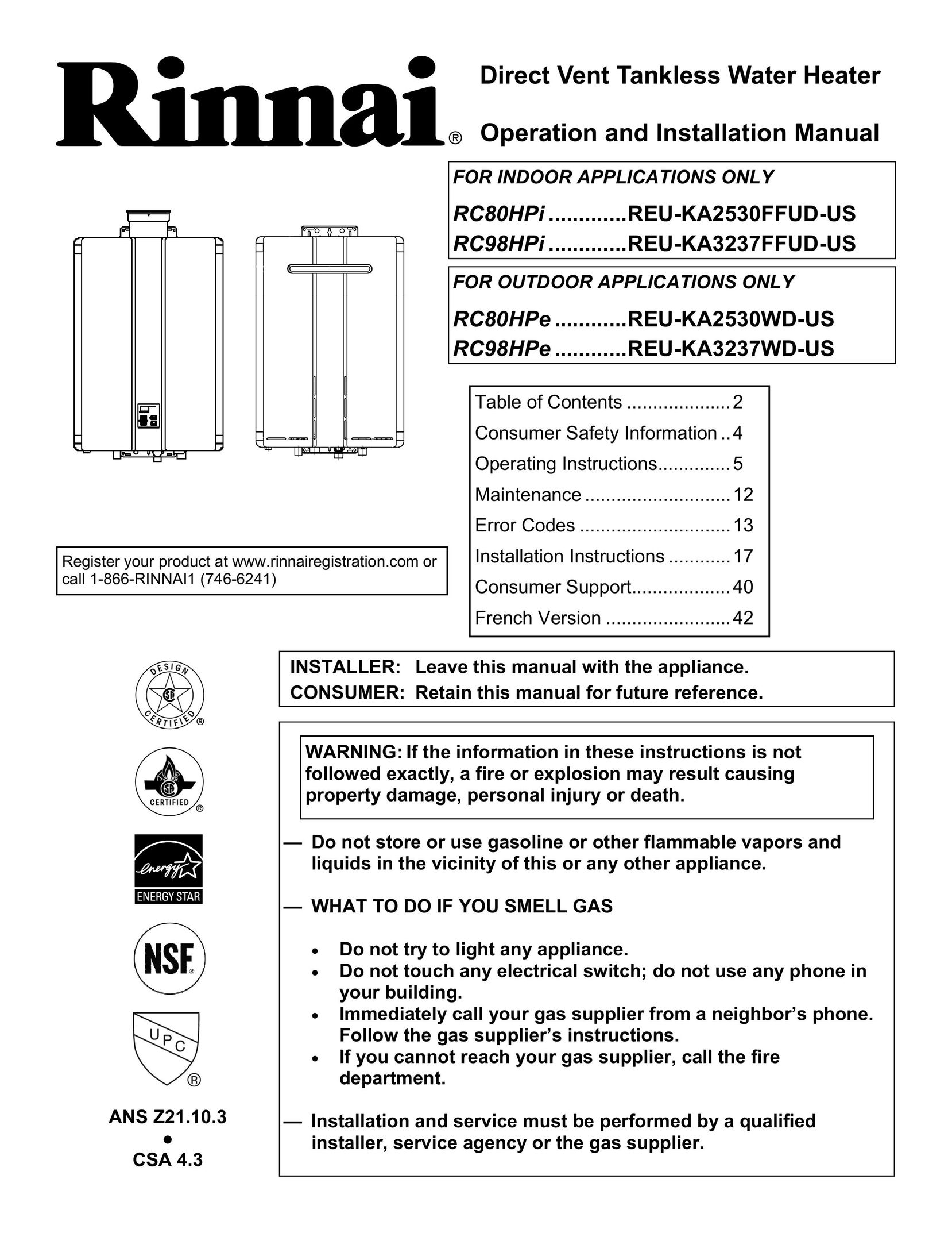 Rinnai RC98HPE Water Heater User Manual