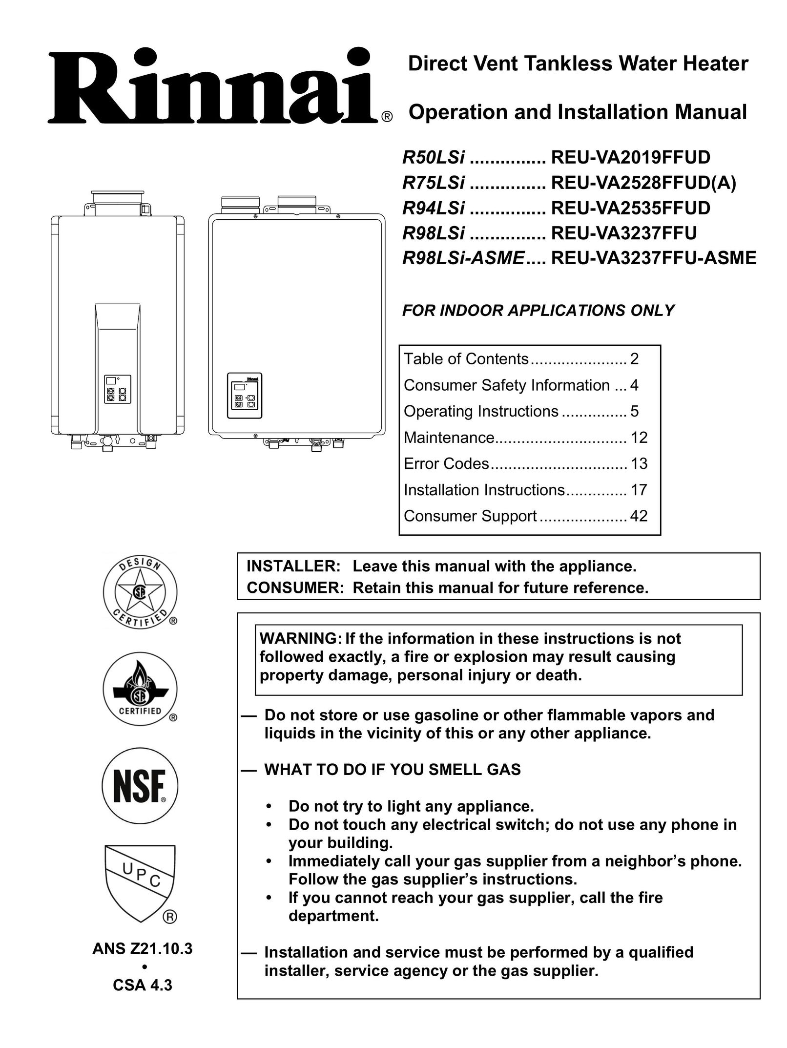 Rinnai REU-VA3237FFU Water Heater User Manual
