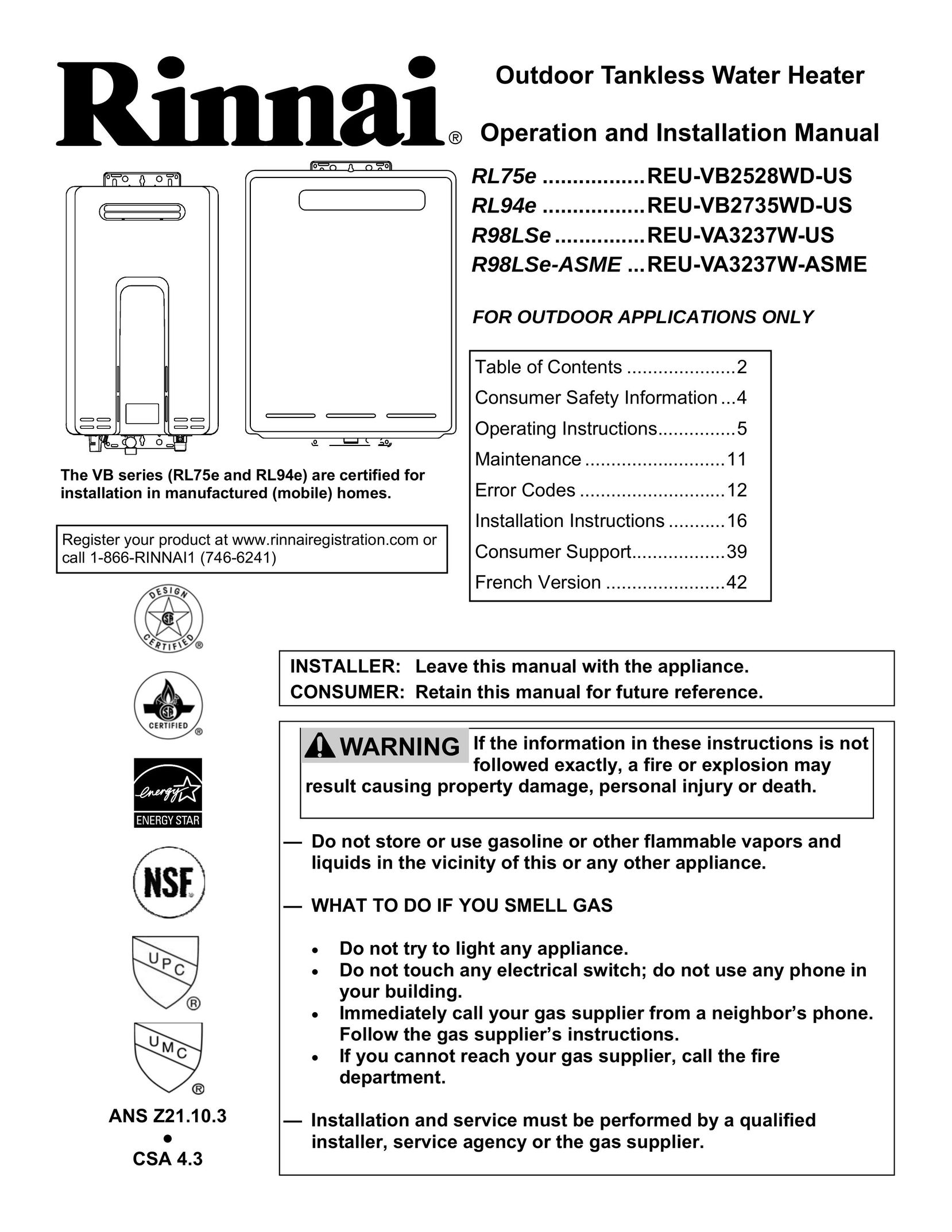 Rinnai RL75E Water Heater User Manual