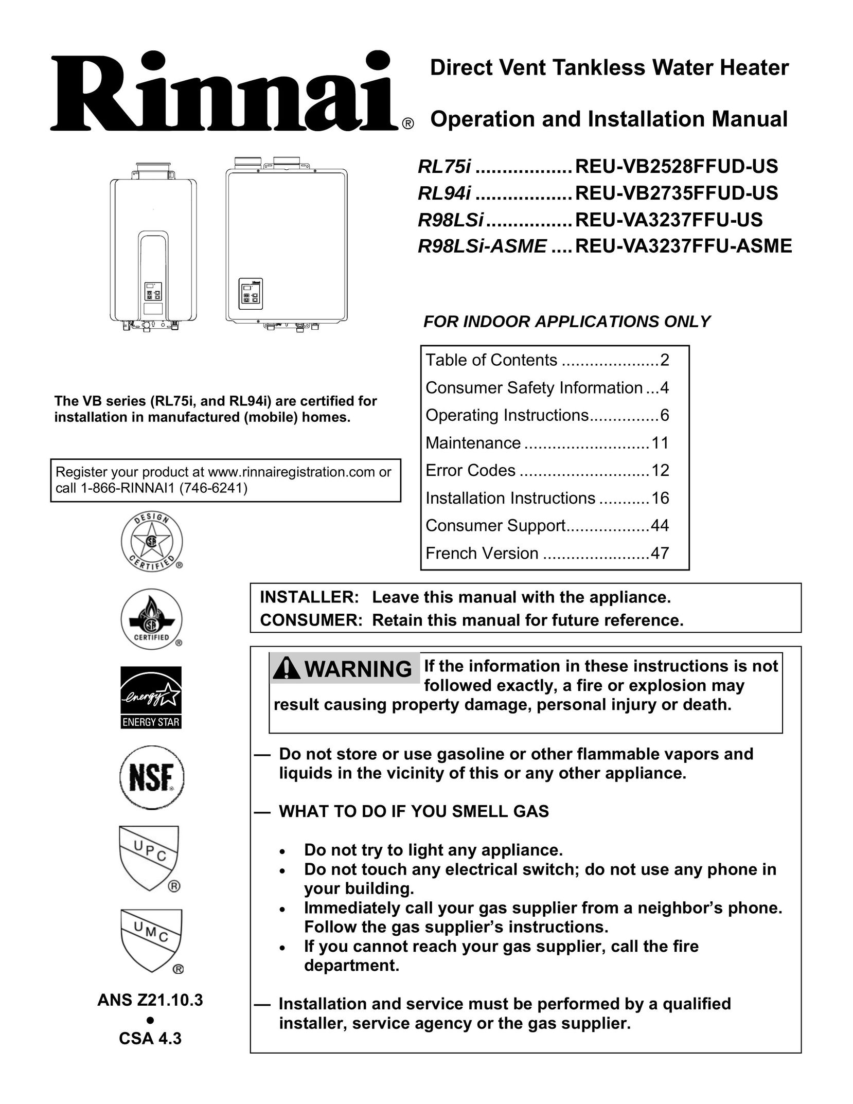 Rinnai RL75I Water Heater User Manual