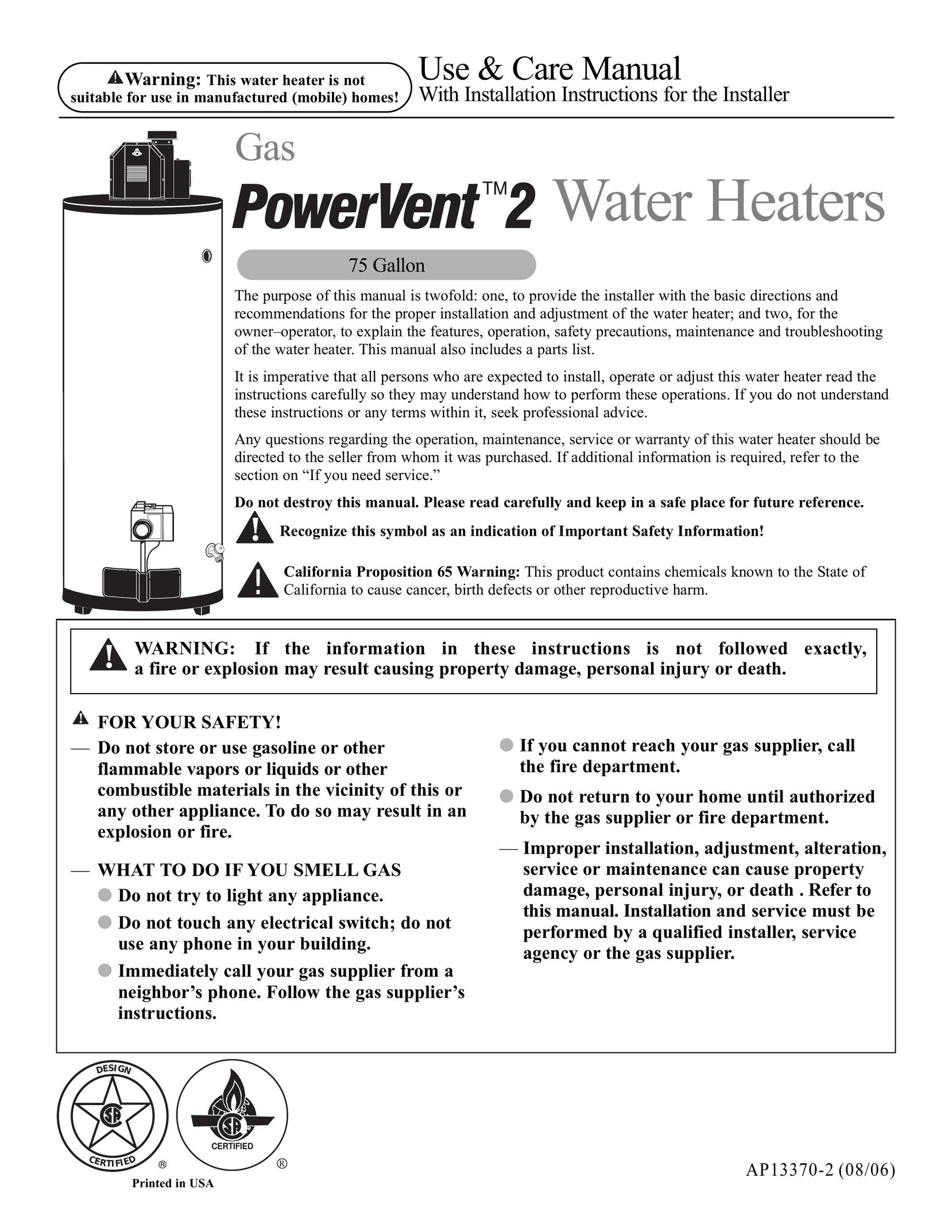 Ruud AP13370-2 Water Heater User Manual