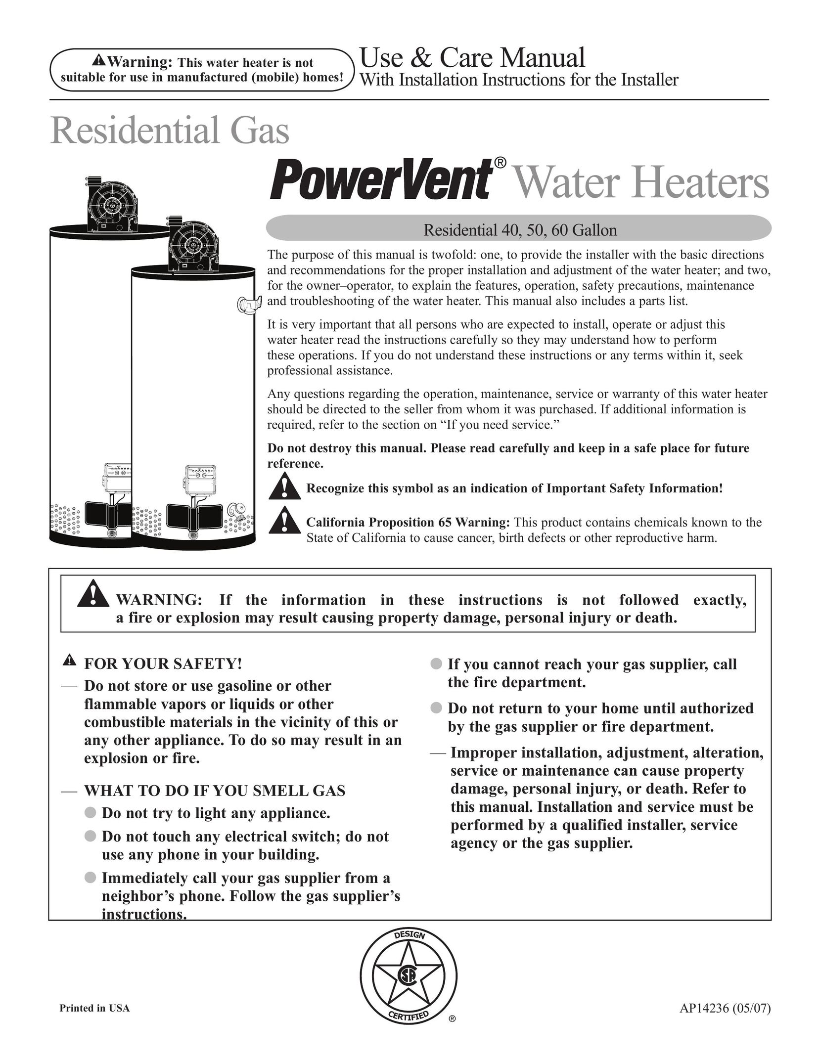 Ruud AP14236 Water Heater User Manual