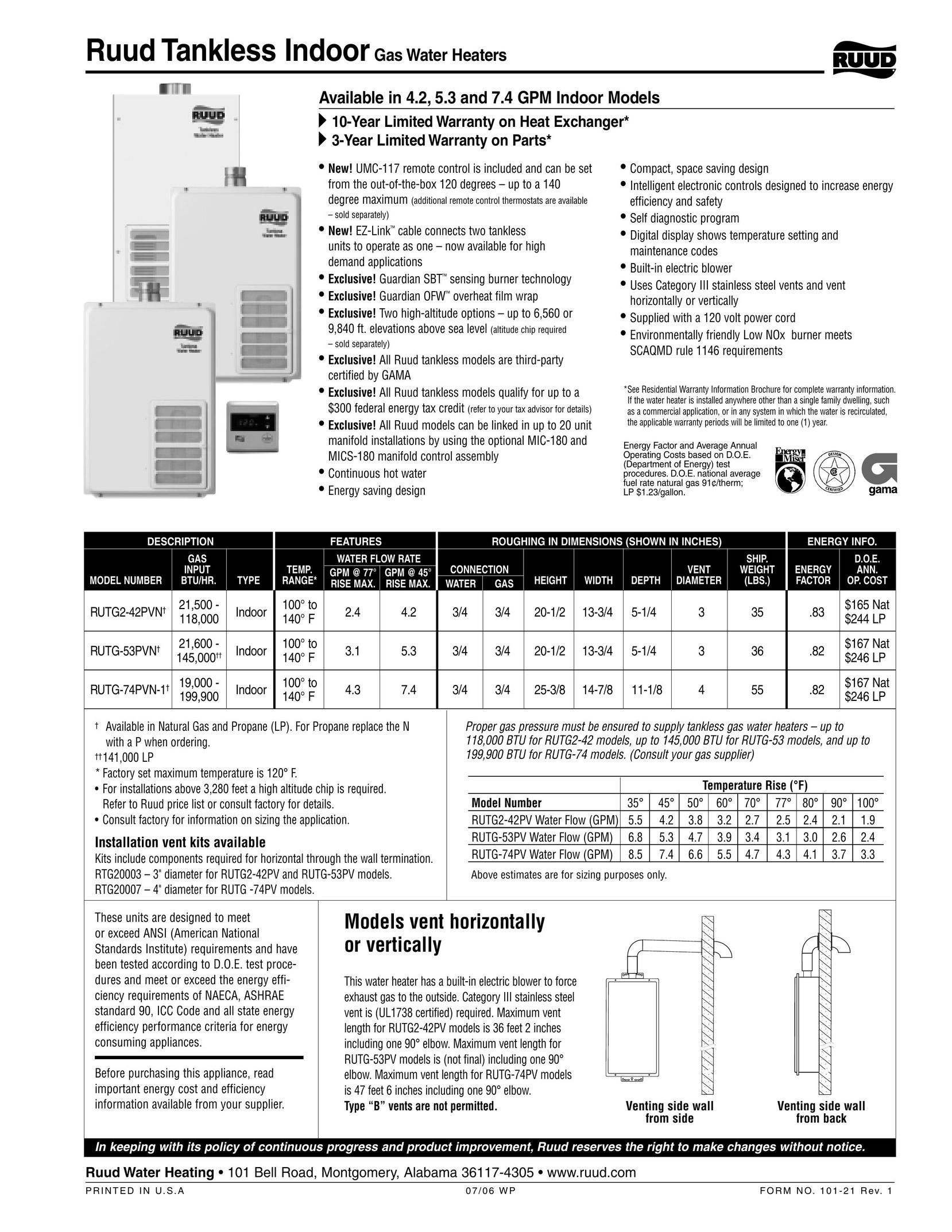 Ruud RUTG-74PV Water Heater User Manual