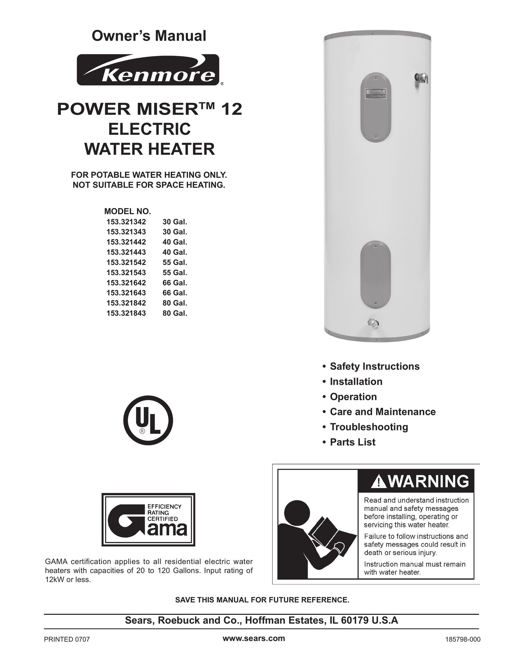 Sears 153.321343 Water Heater User Manual