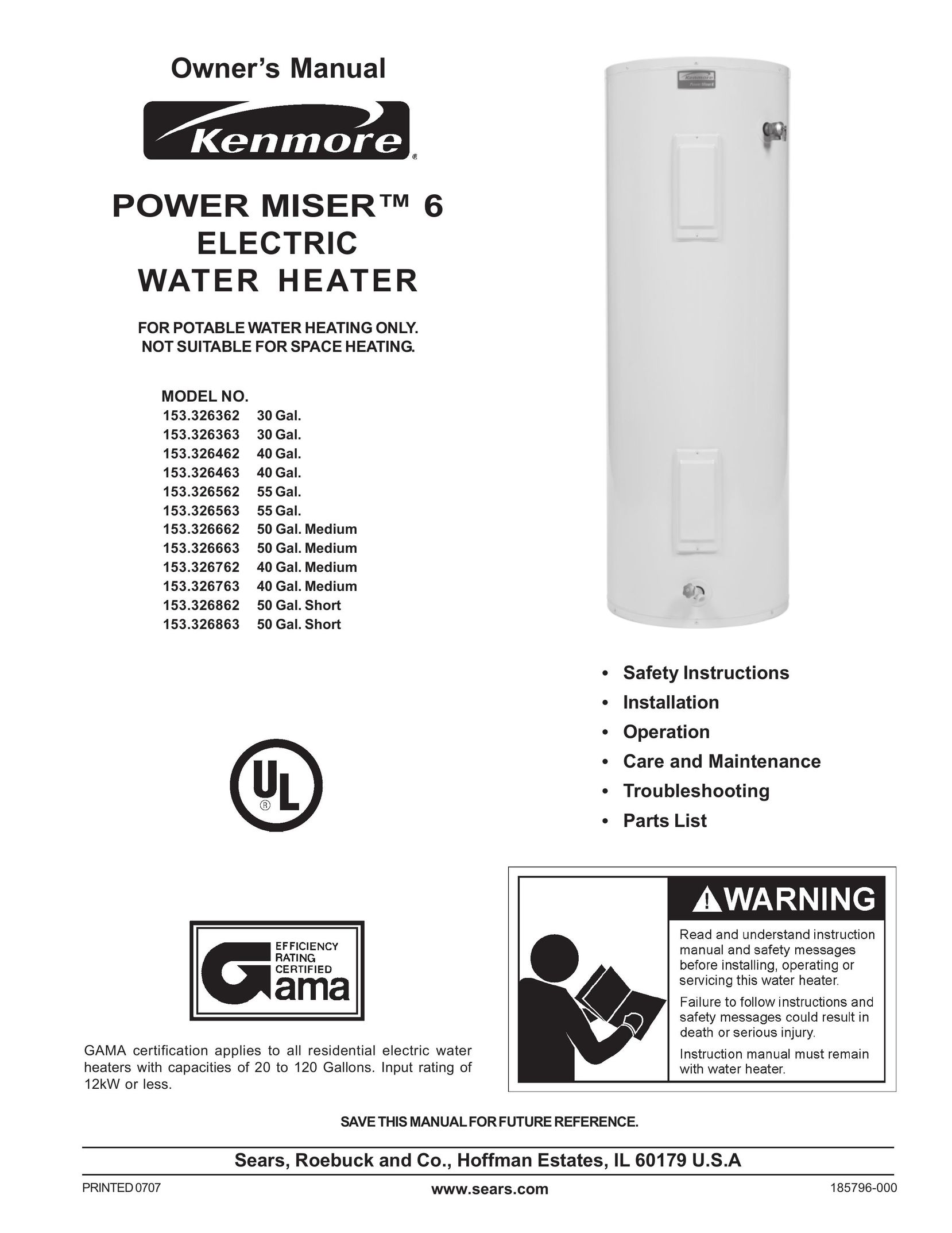 Sears 153.326862 50 GAL. SHORT Water Heater User Manual
