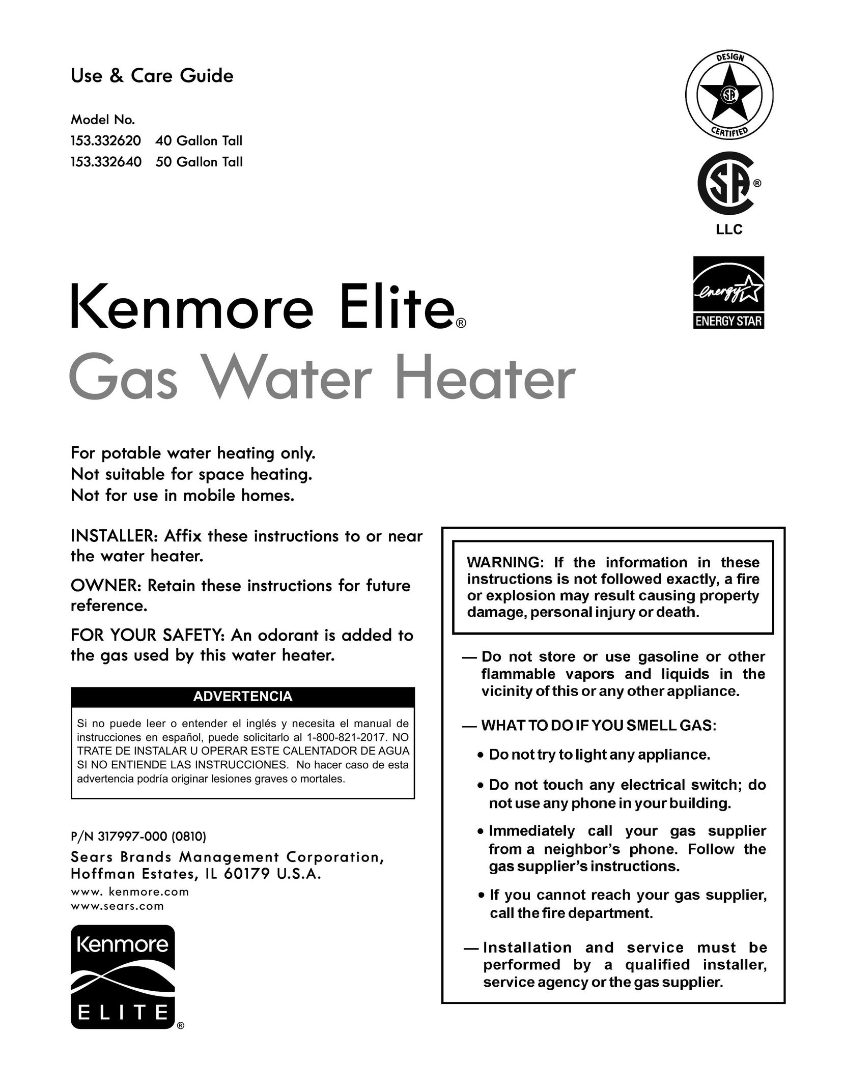 Sears 153.33262 Water Heater User Manual
