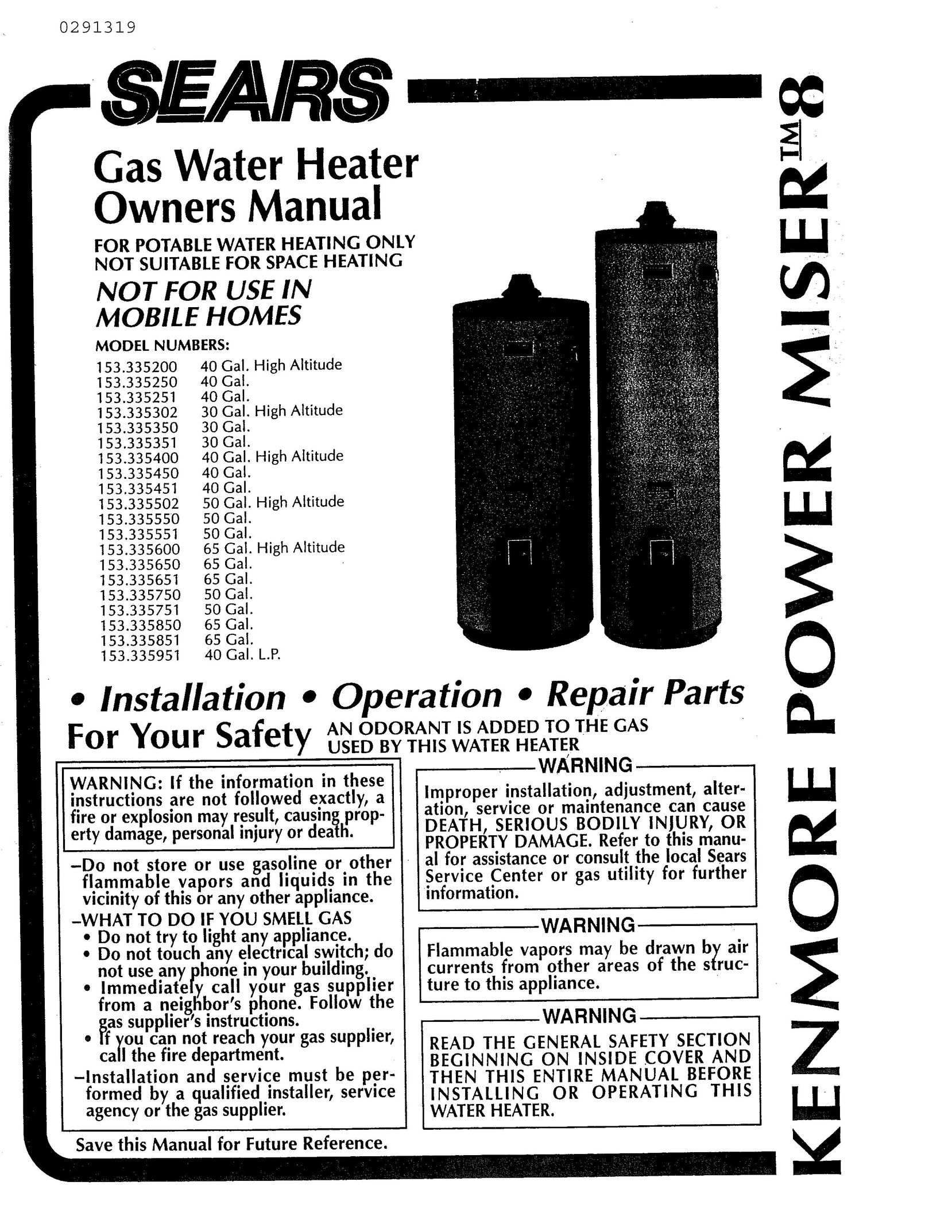 Sears 153.33525 Water Heater User Manual