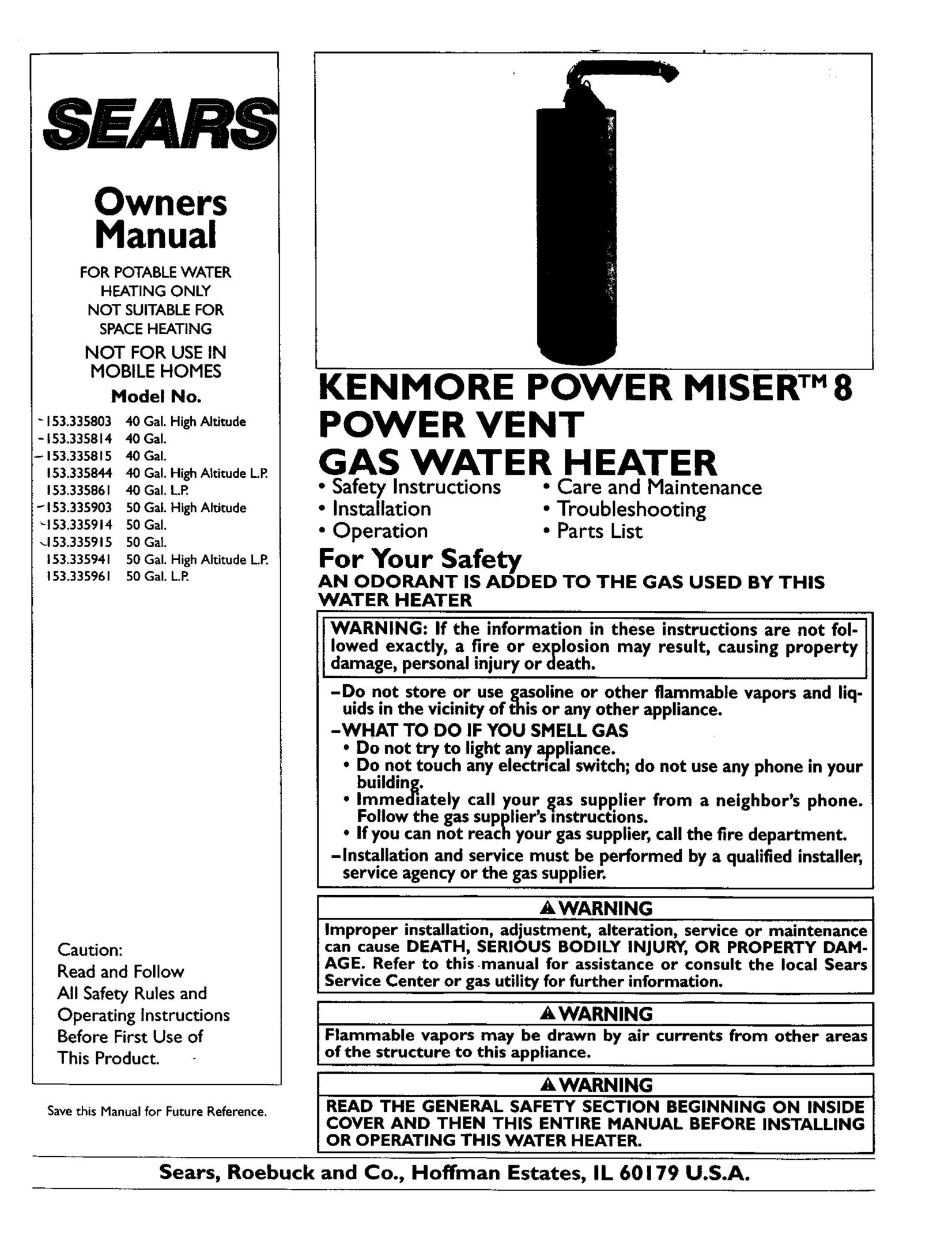 Sears 153.335803 Water Heater User Manual