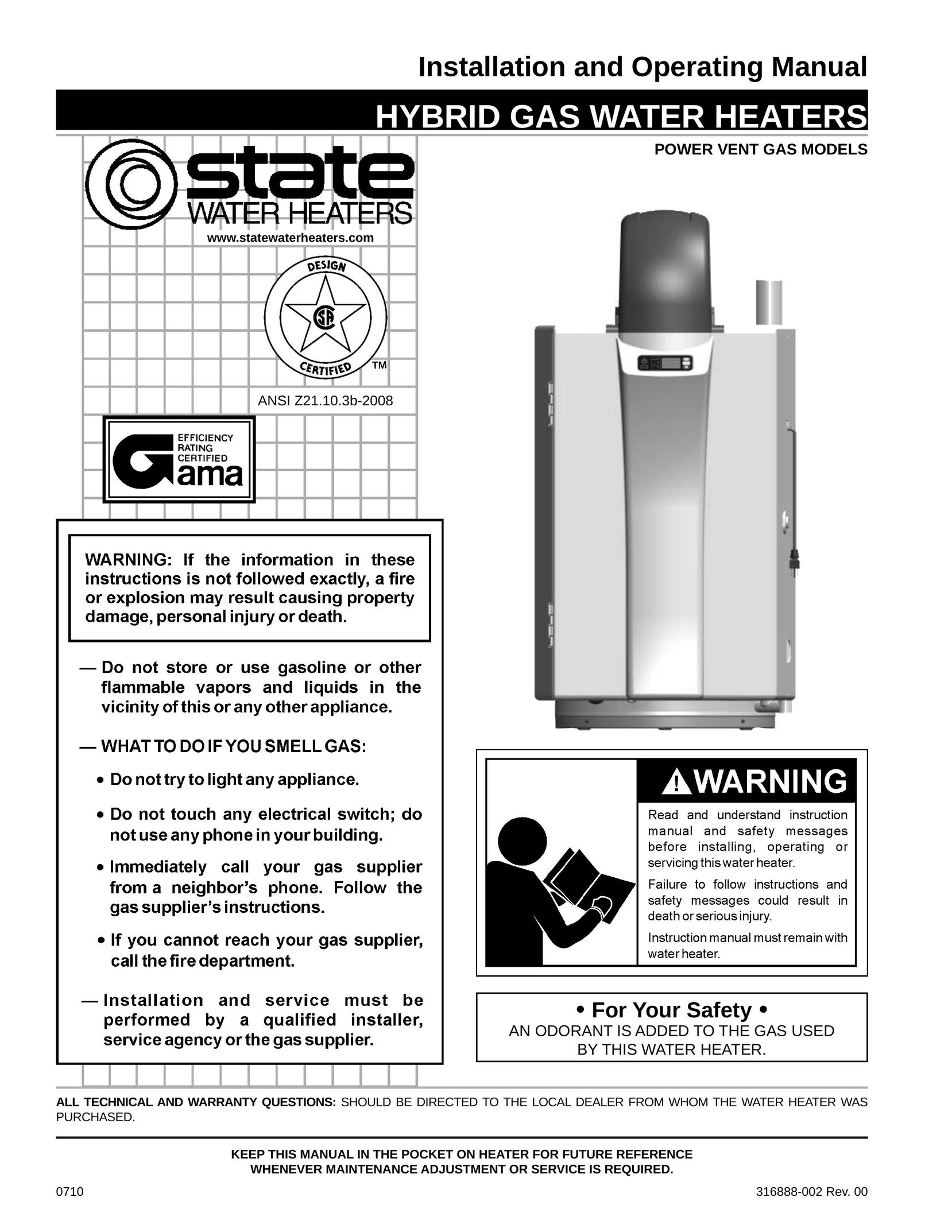 State Industries 0710 316888-002 Water Heater User Manual