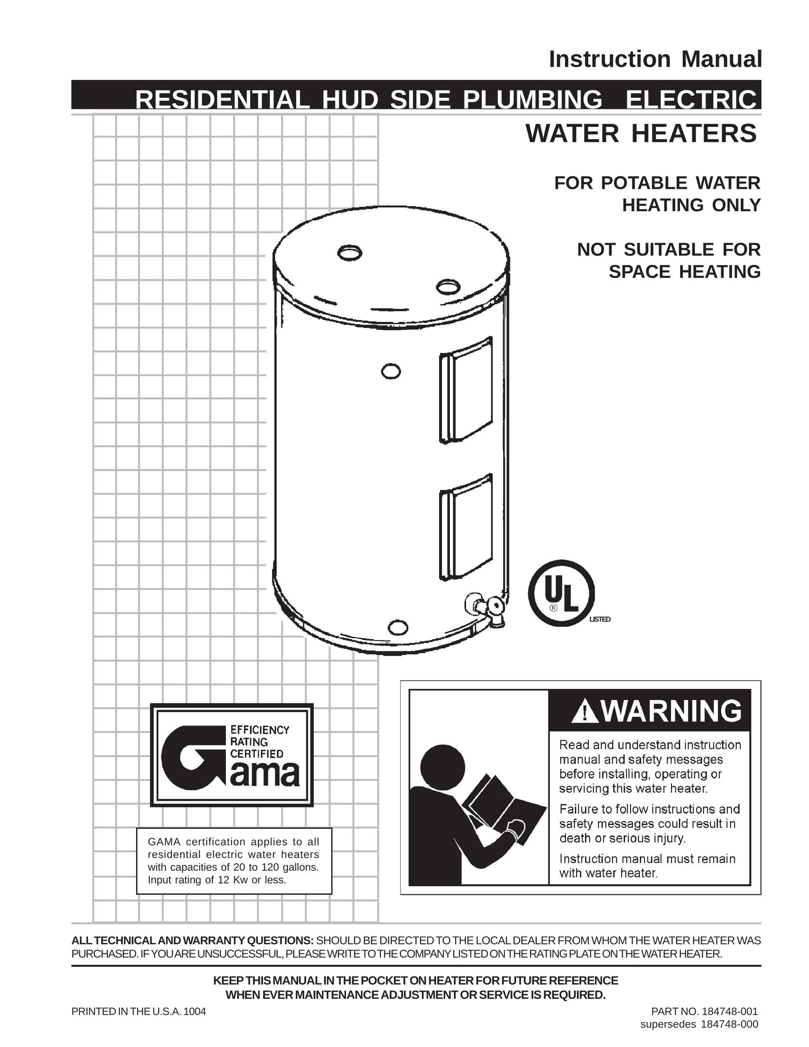 State Industries 184748-001 Water Heater User Manual