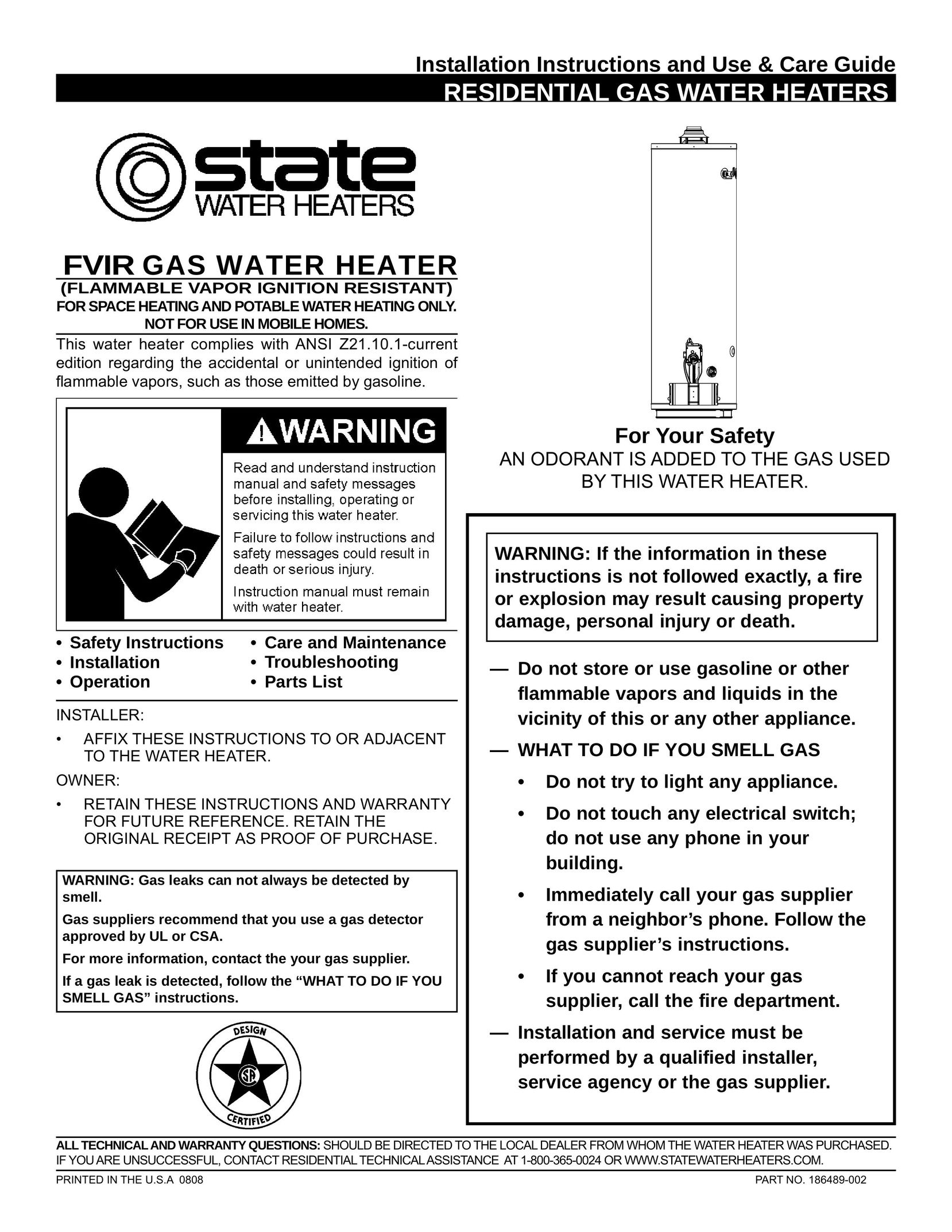 State Industries 186489-002 Water Heater User Manual