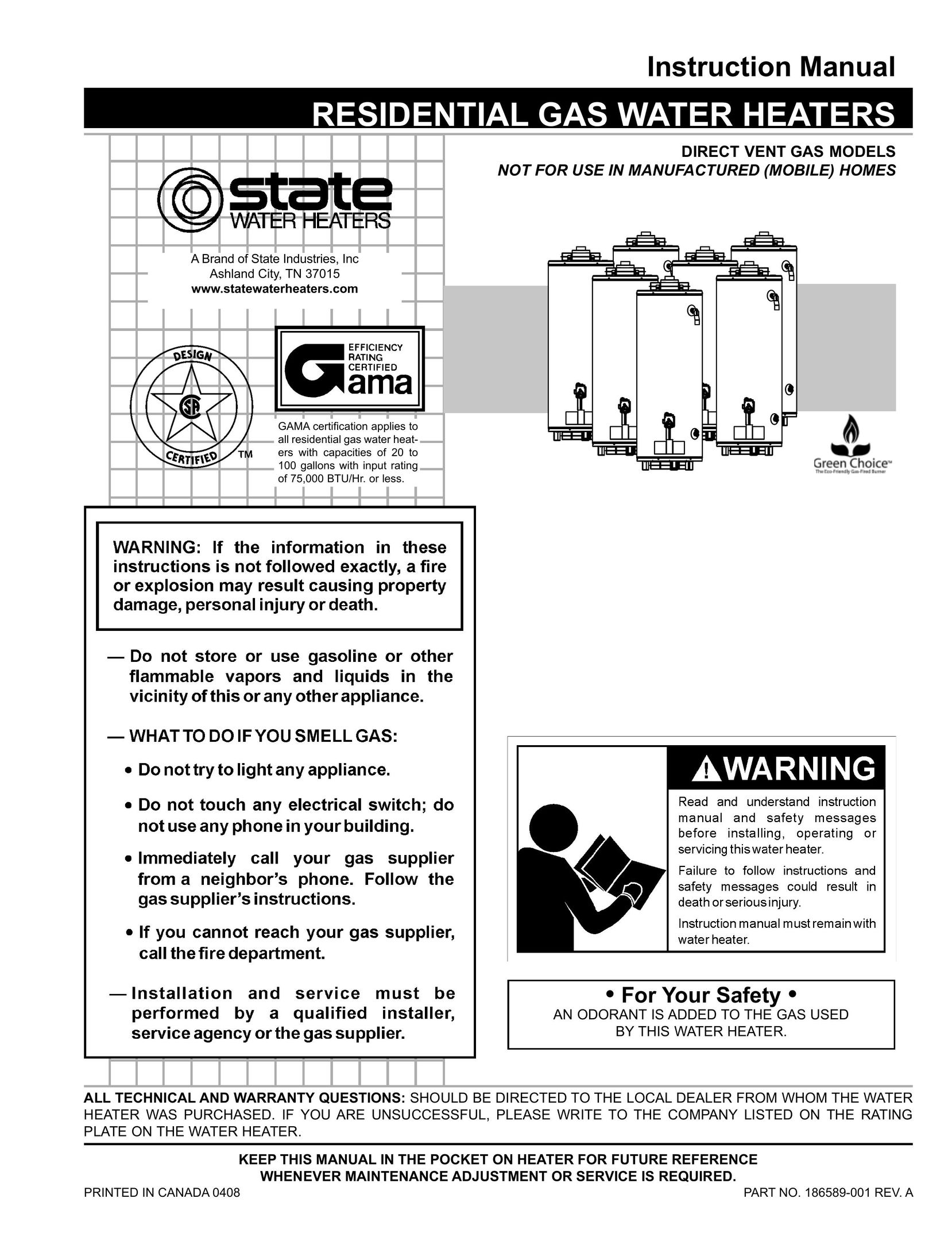 State Industries 186589-001 Water Heater User Manual