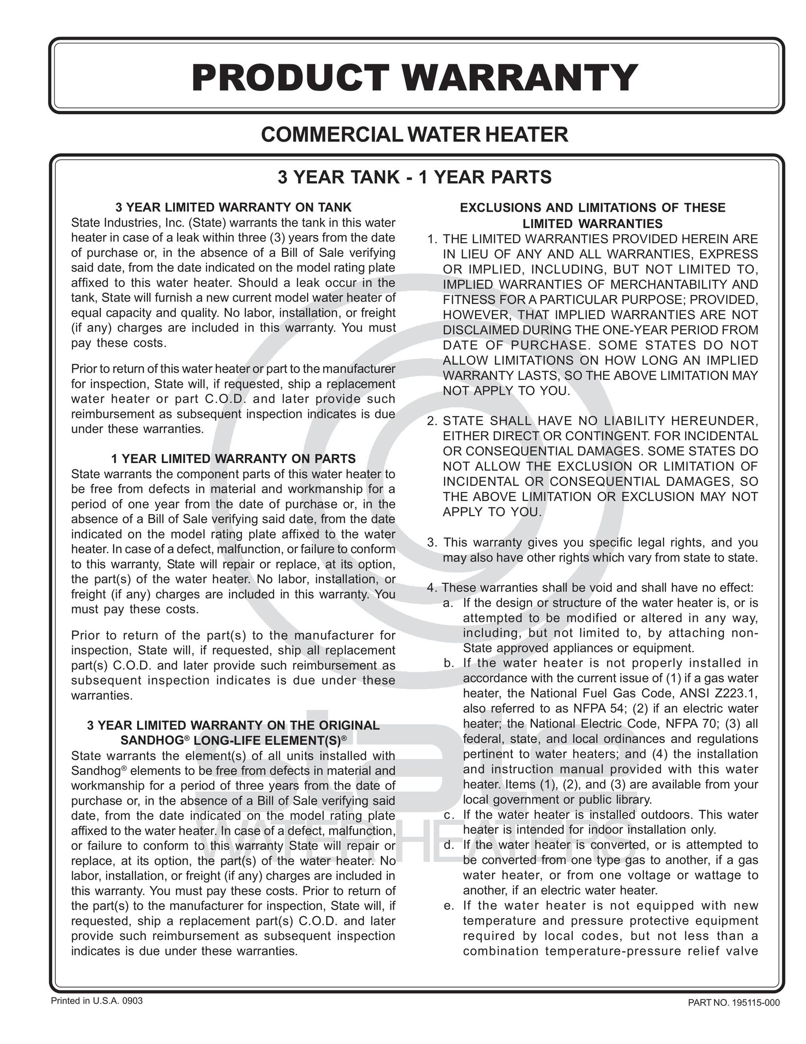 State Industries 195115-000 Water Heater User Manual