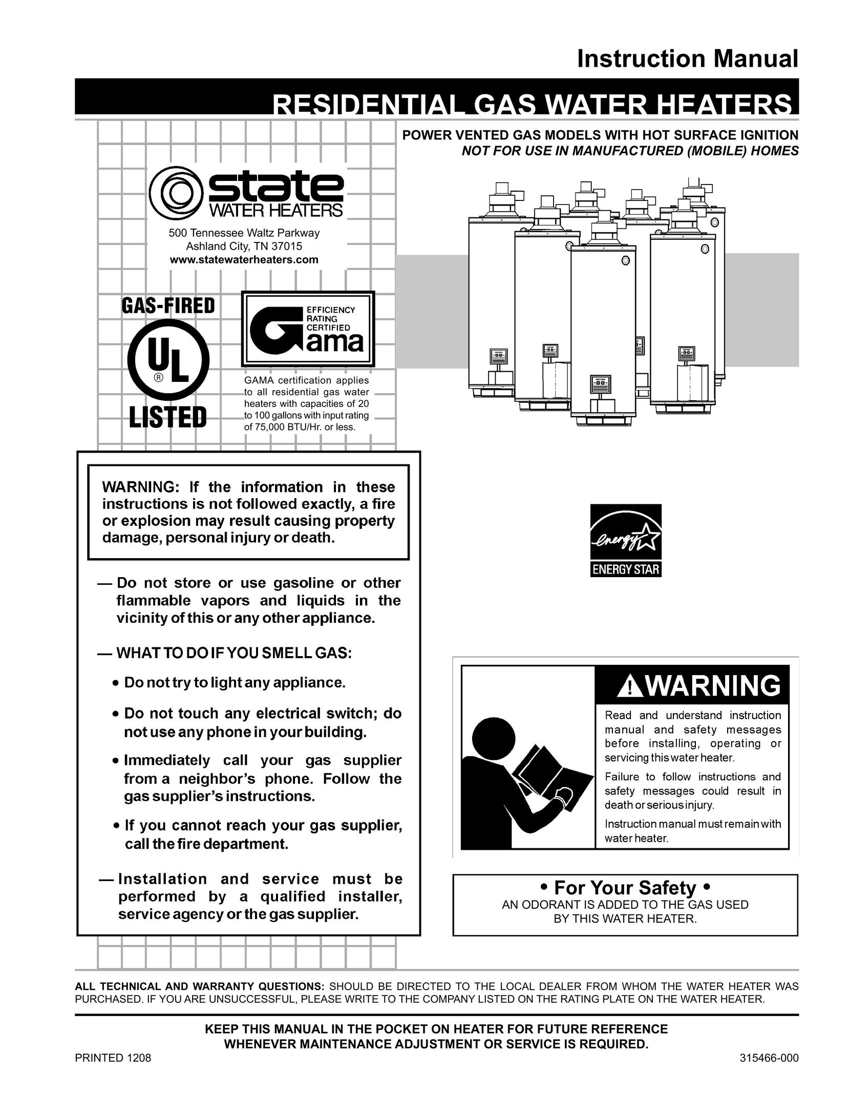 State Industries 315466-000 Water Heater User Manual