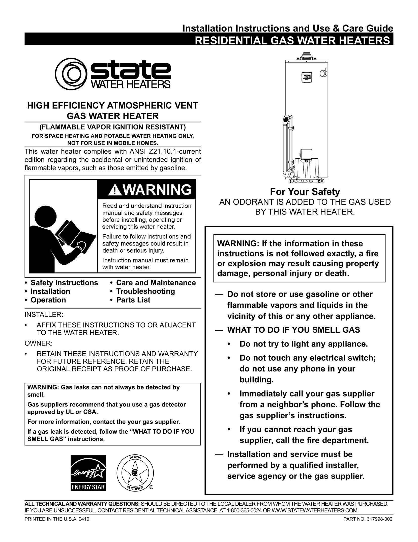 State Industries 317998-002 Water Heater User Manual