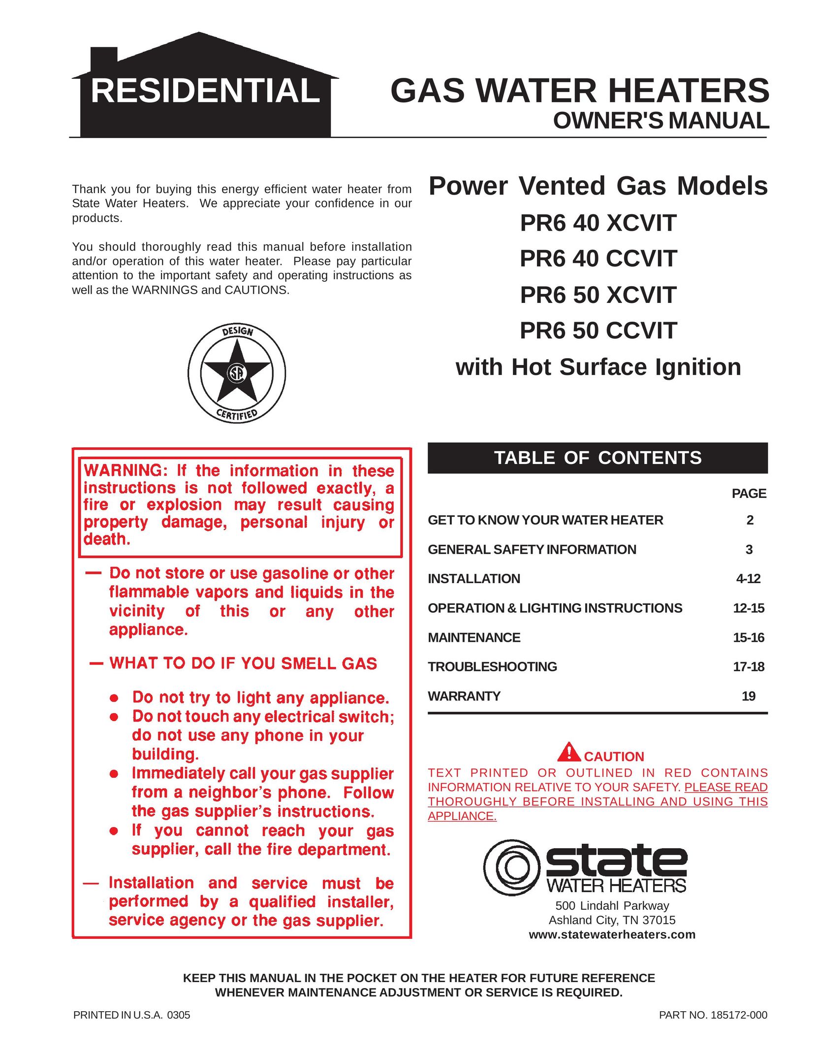 State Industries CCVIT PR6 50 Water Heater User Manual