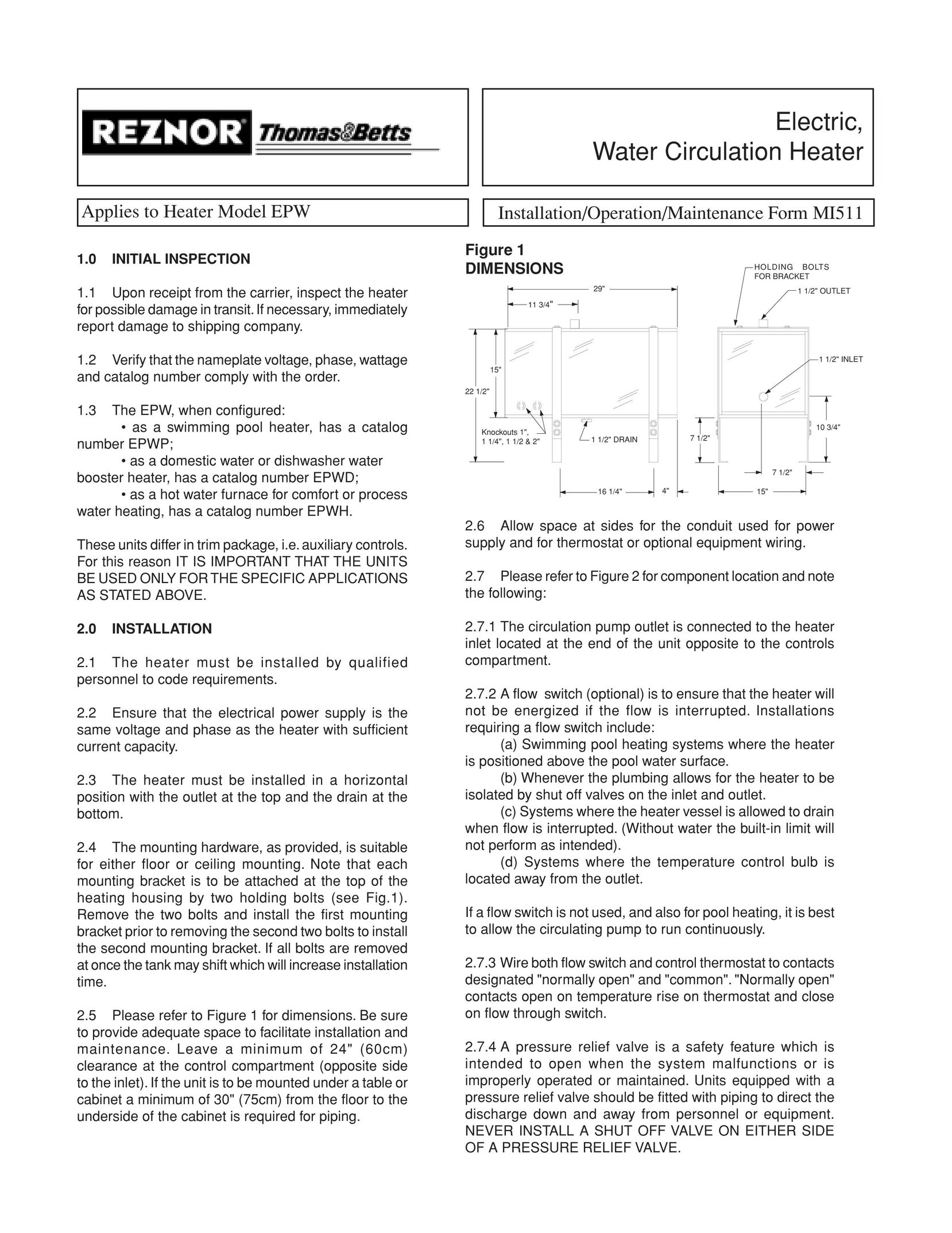 Thomas & Betts EPW Water Heater User Manual