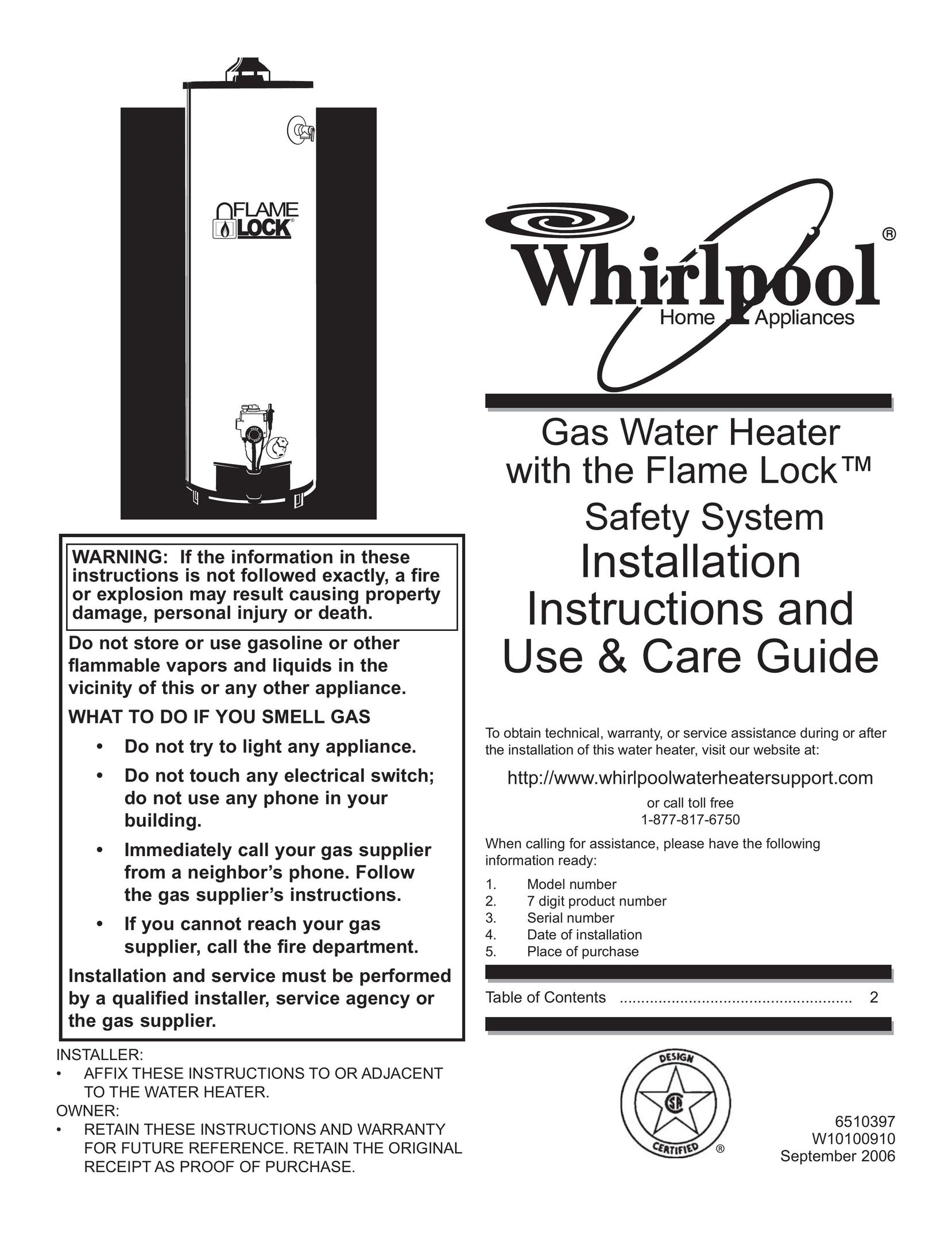 Whirlpool 187122 Water Heater User Manual