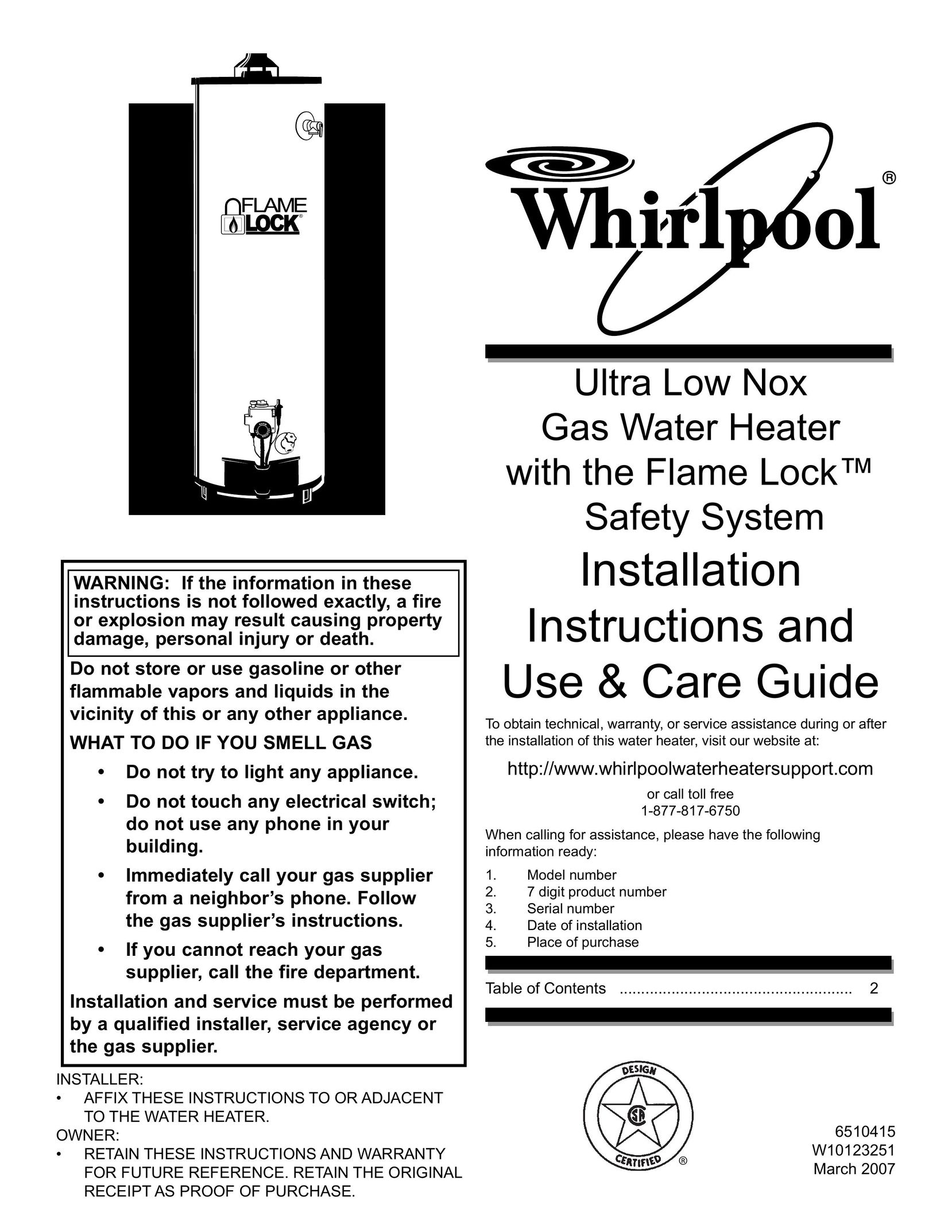 Whirlpool 206928 Water Heater User Manual