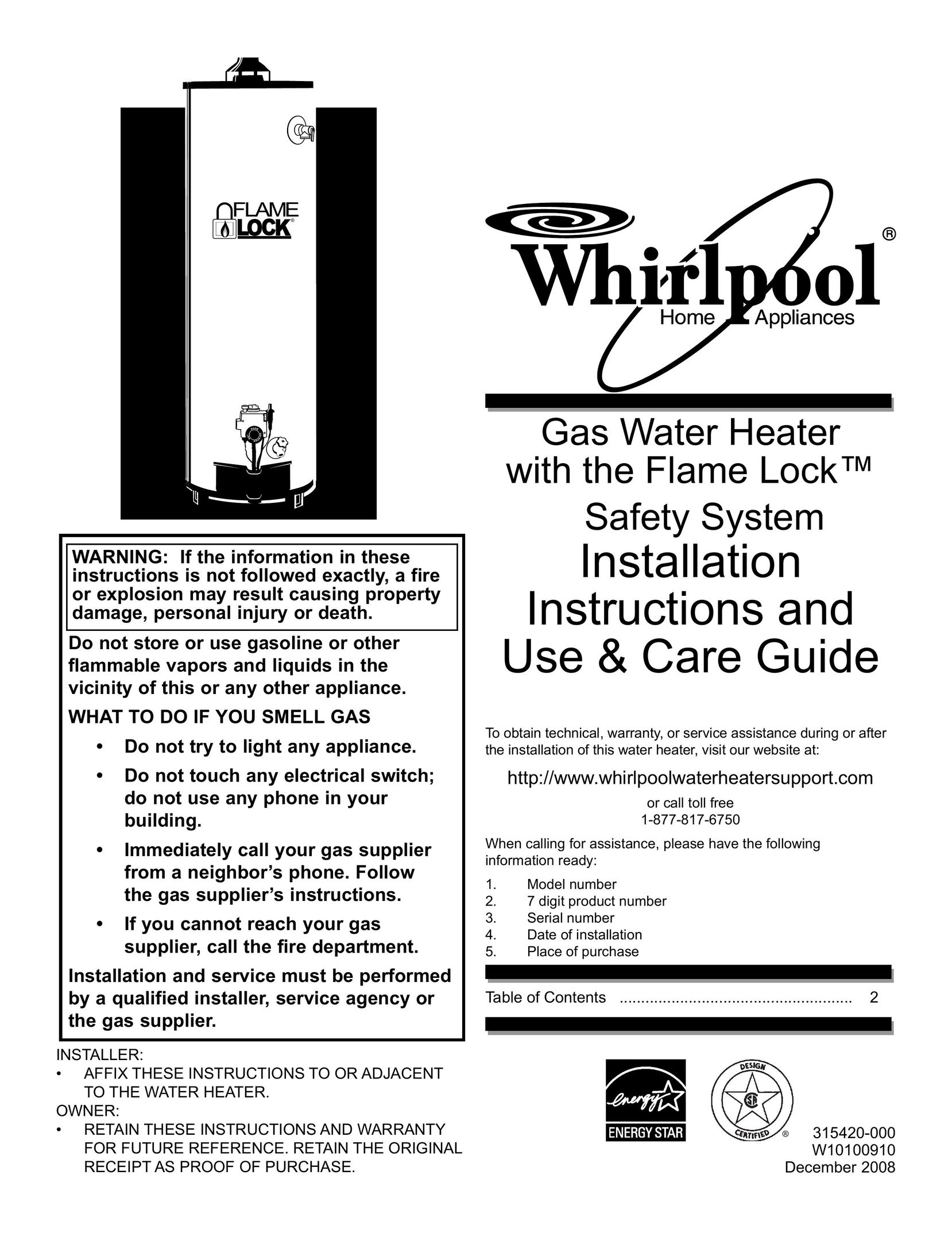 Whirlpool 315420-000 Water Heater User Manual