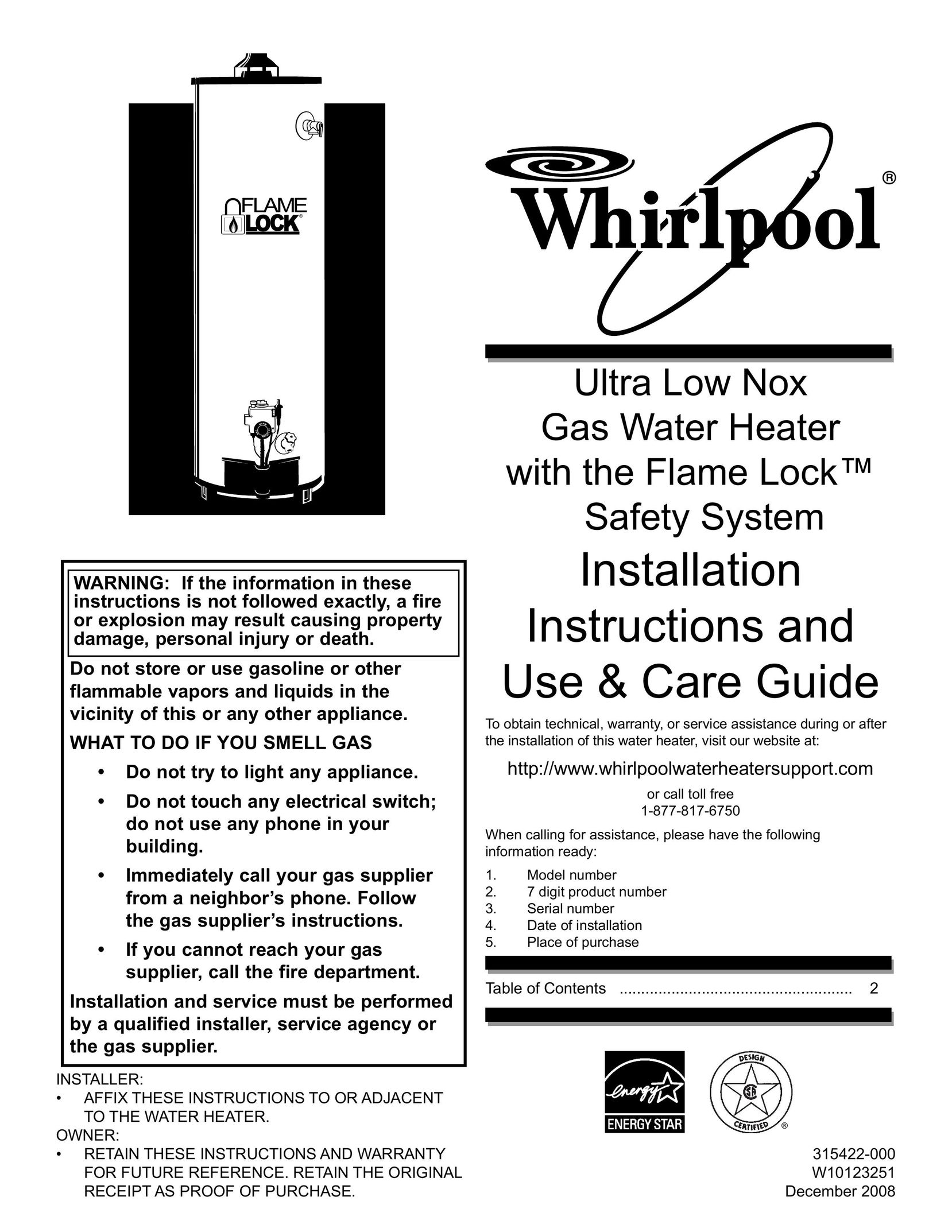 Whirlpool 315422-000 Water Heater User Manual