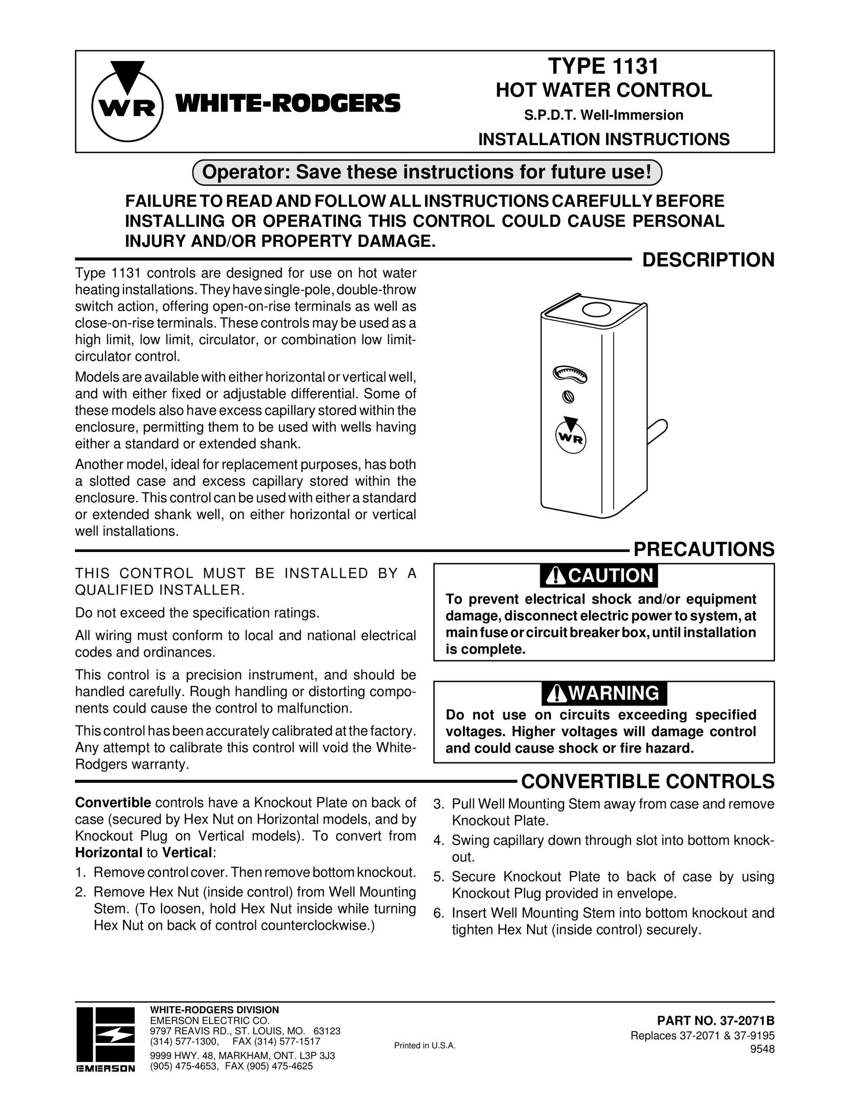 White Rodgers 1131 Water Heater User Manual