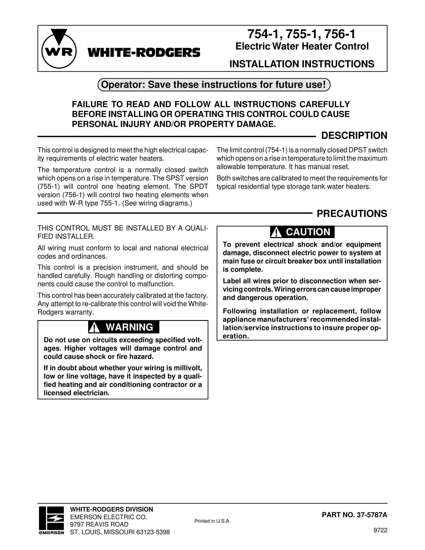 White Rodgers 754-1 Water Heater User Manual