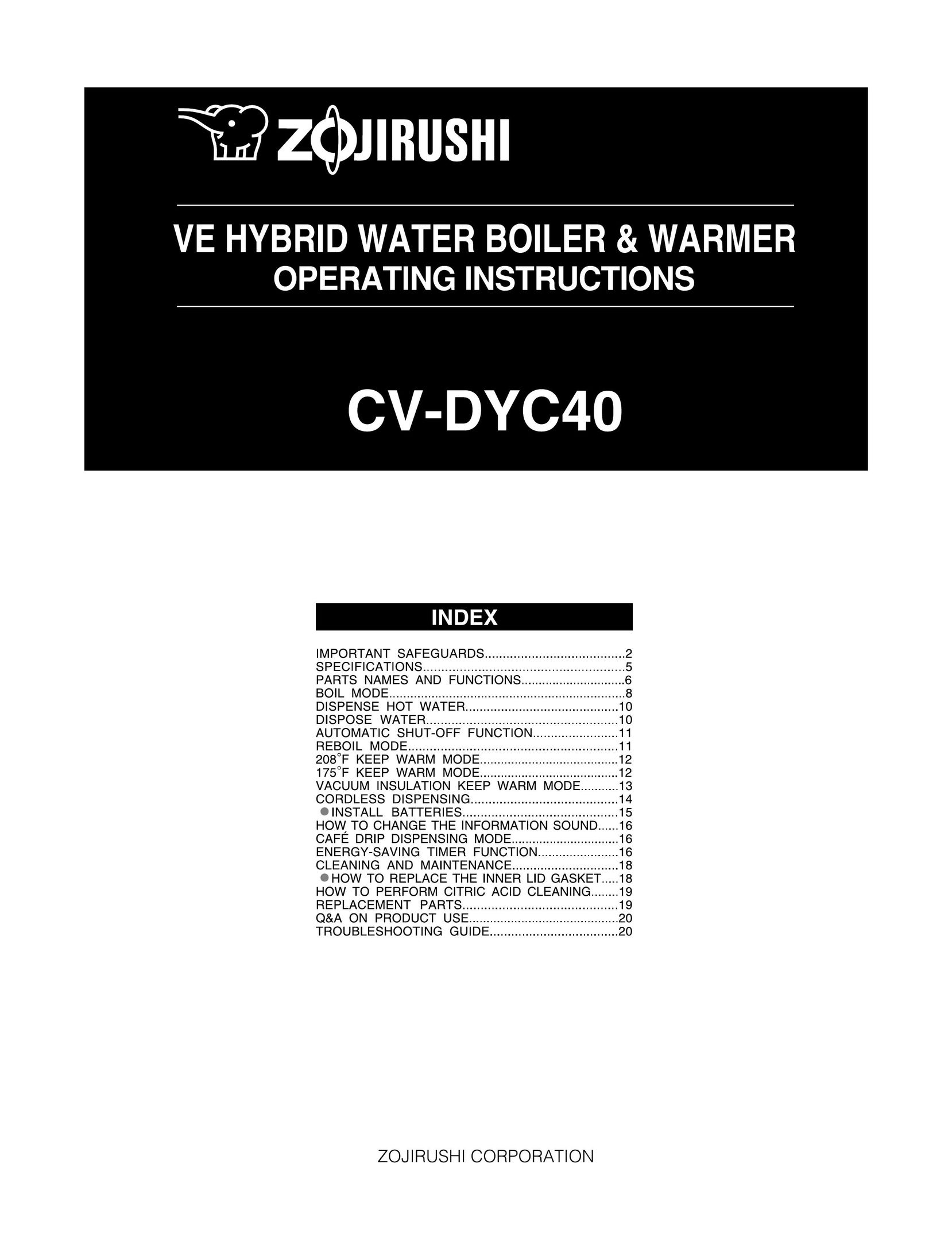 Zojirushi CV-DYC40 Water Heater User Manual