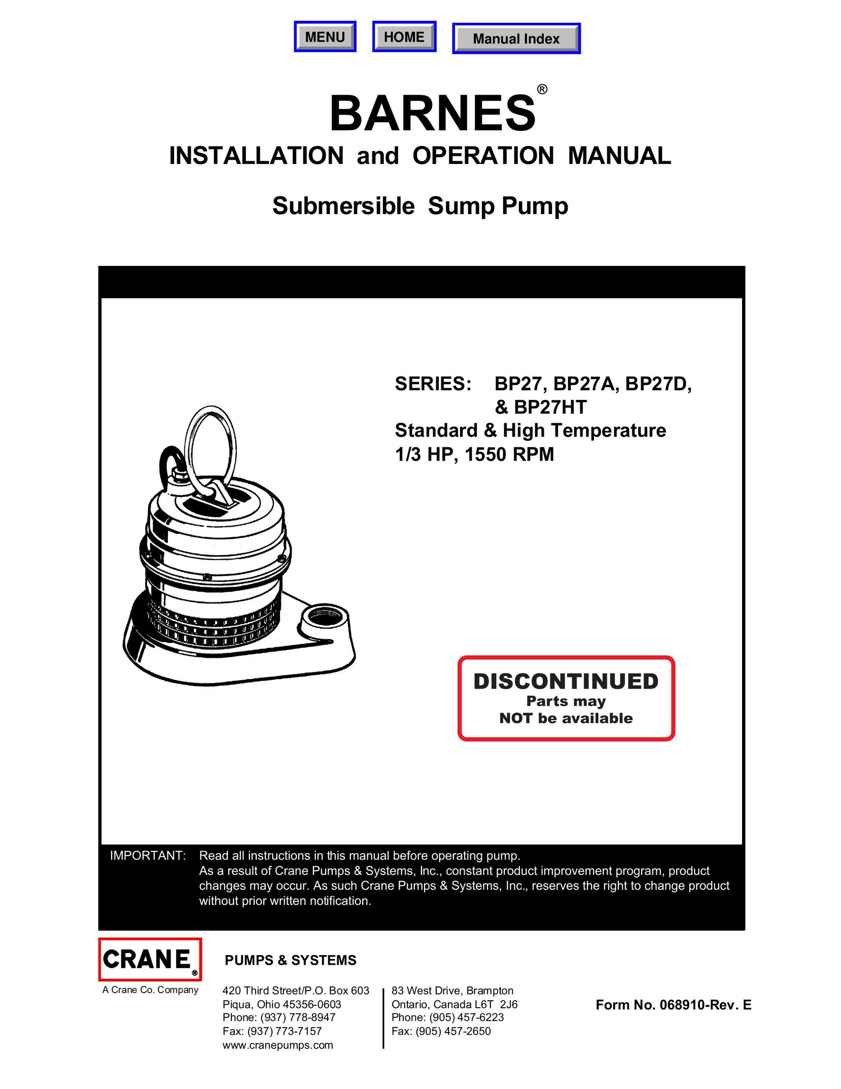 Barnes & Noble BP27A Water Pump User Manual