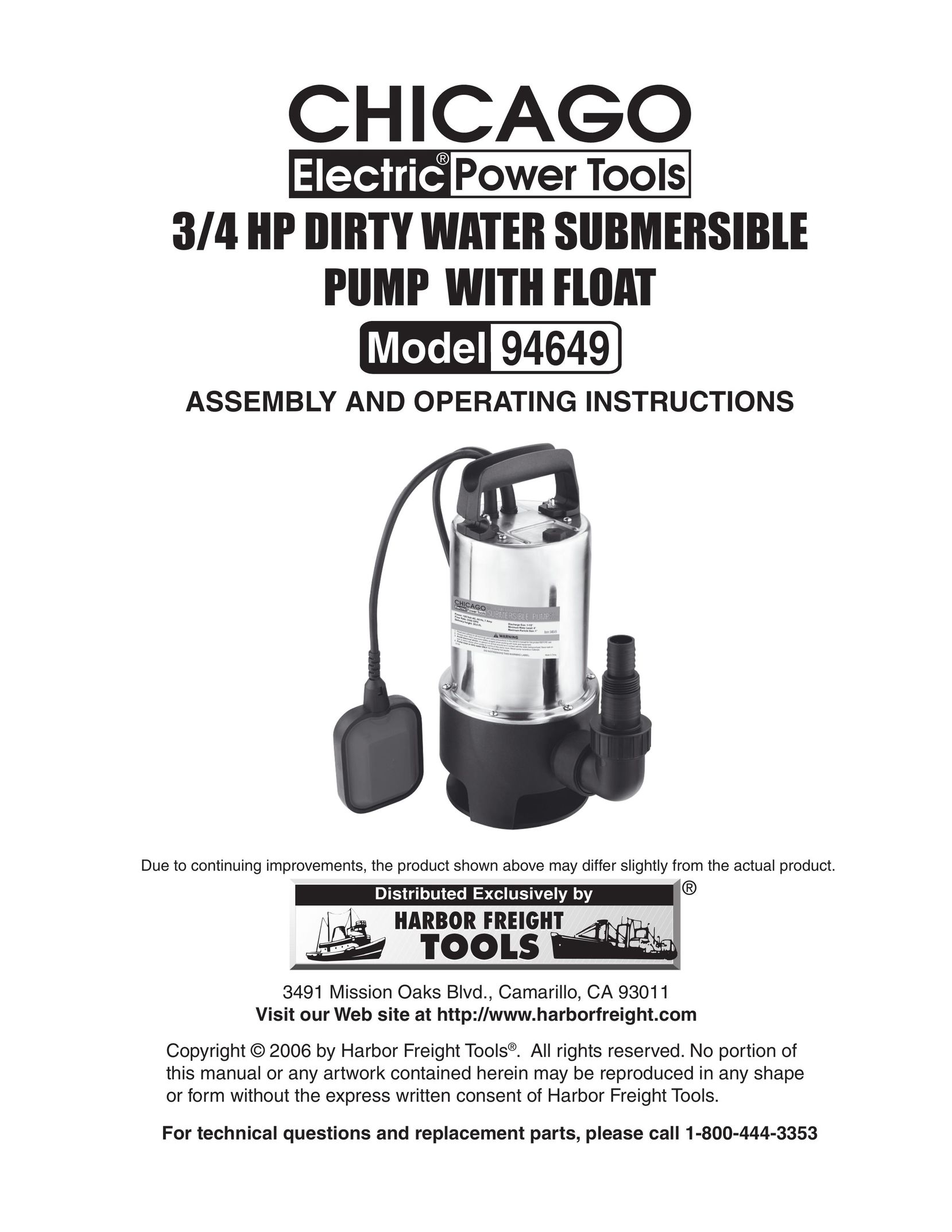 Chicago Electric 94649 Water Pump User Manual