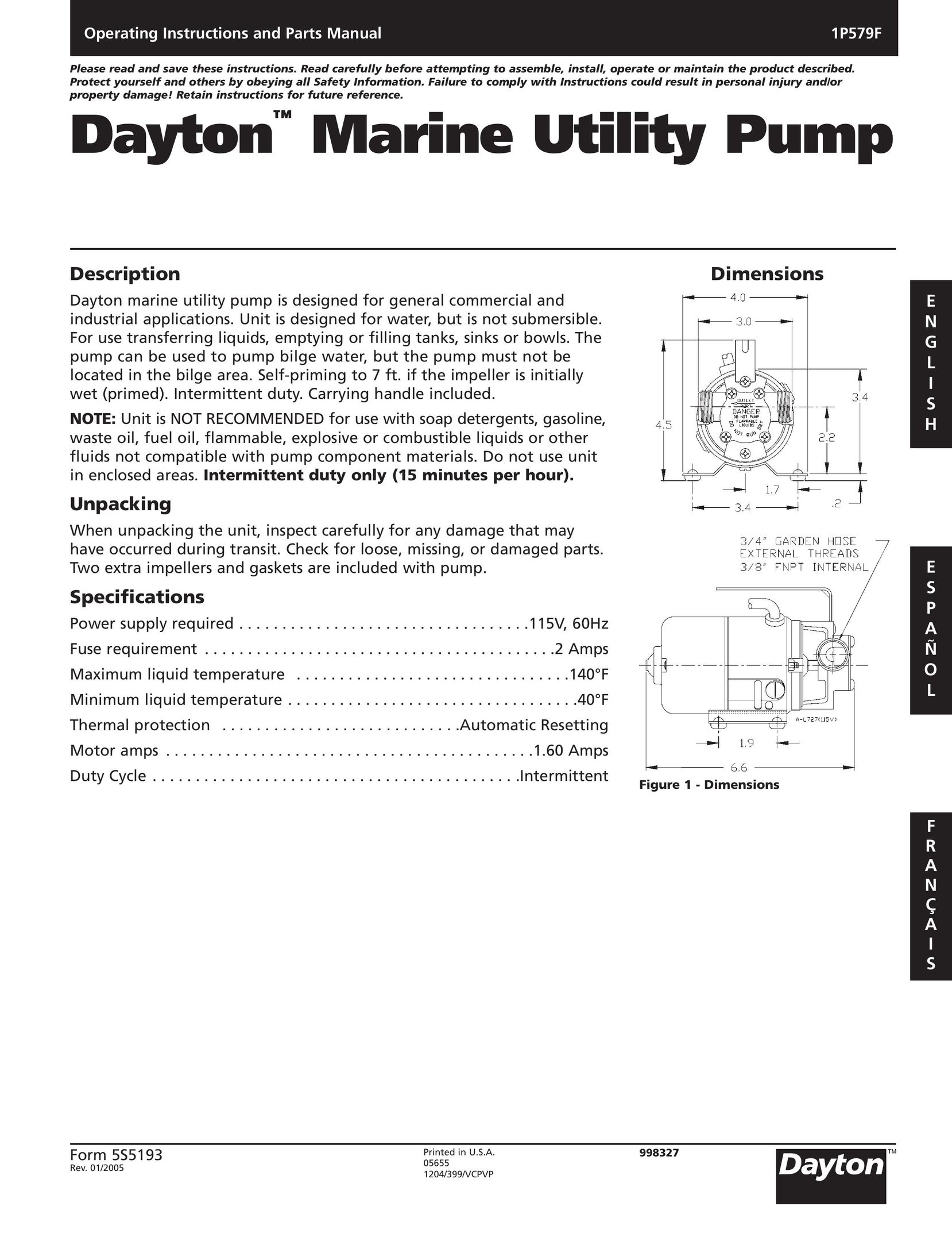Dayton 1P579F Water Pump User Manual