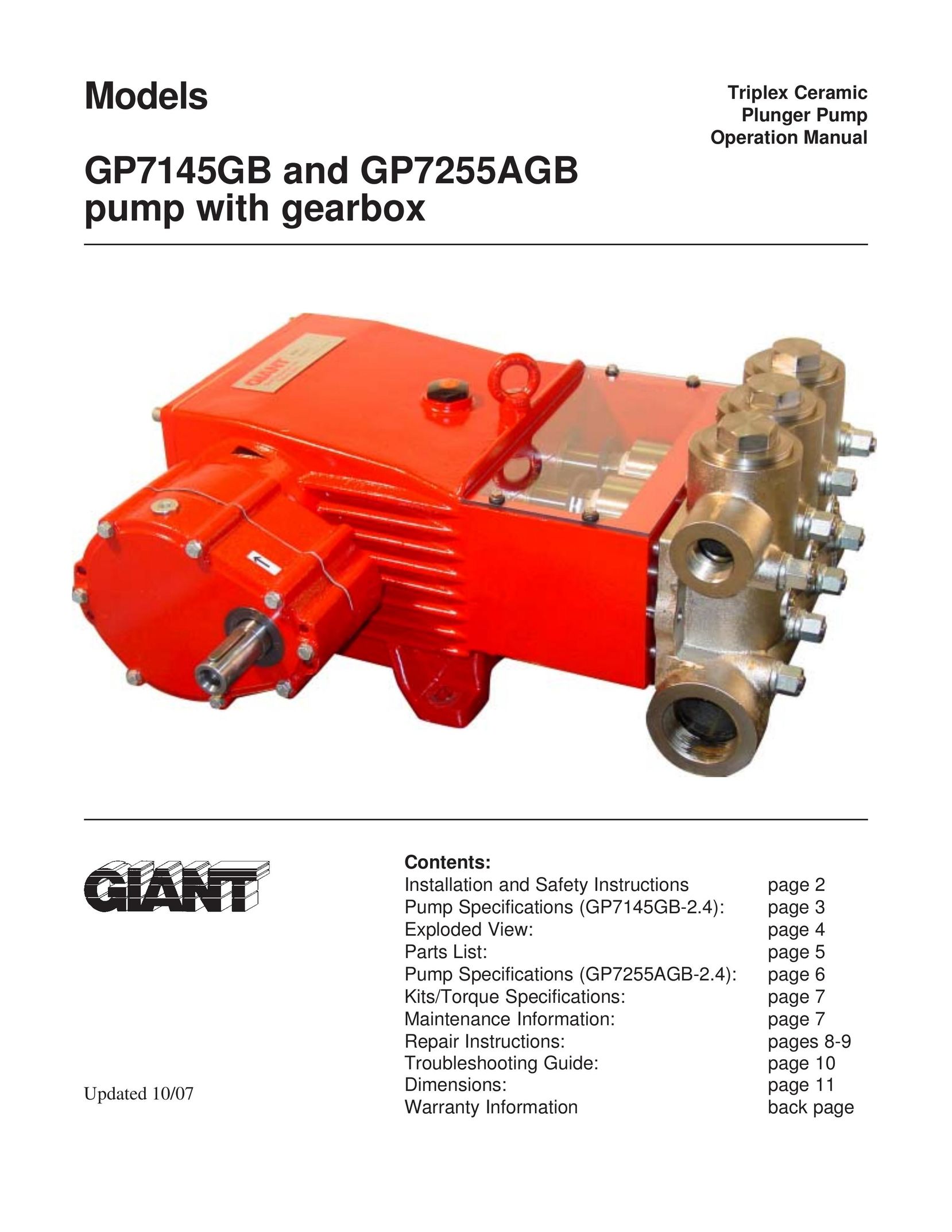 Giant GP7255AGB Water Pump User Manual