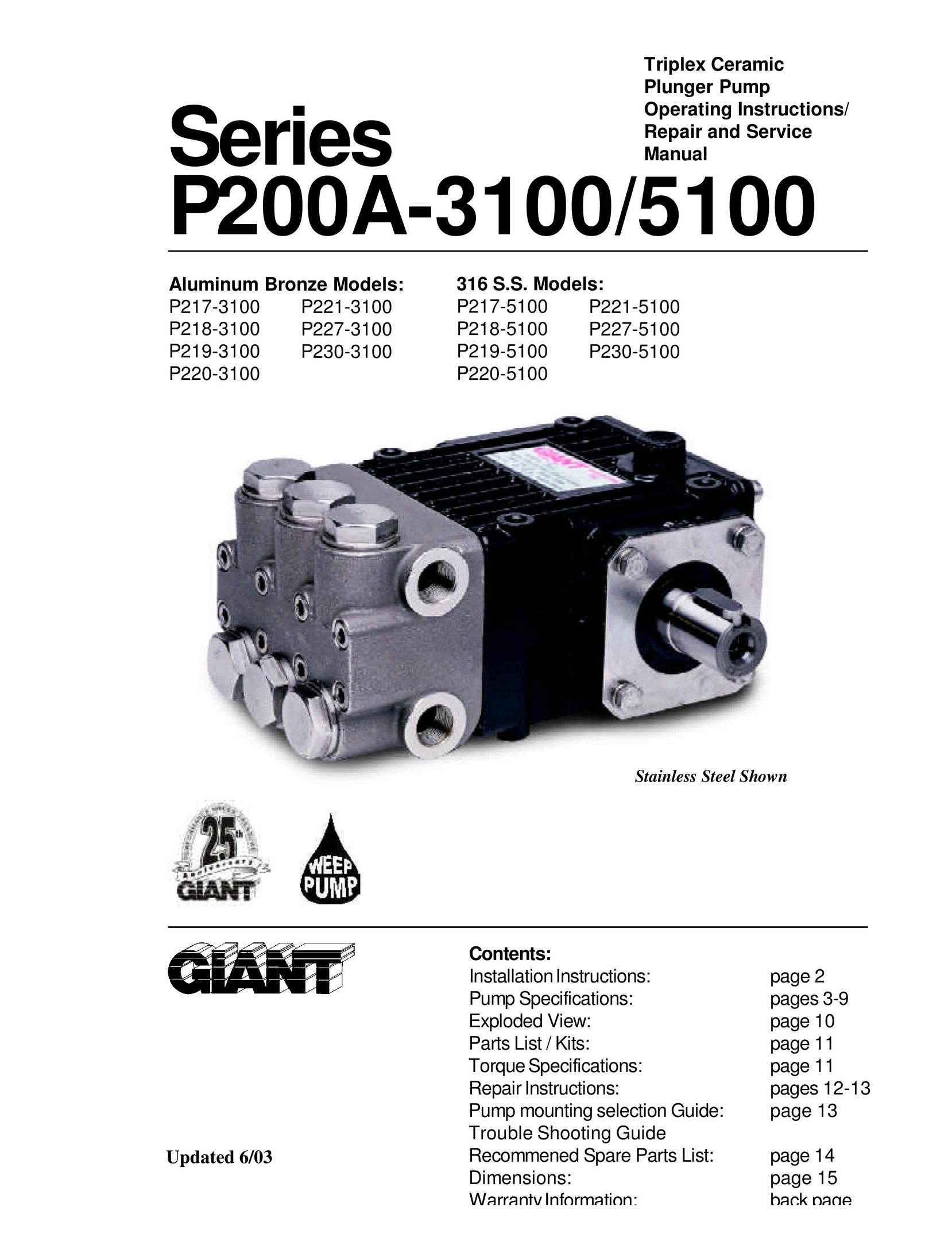 Giant P218-3100 Water Pump User Manual