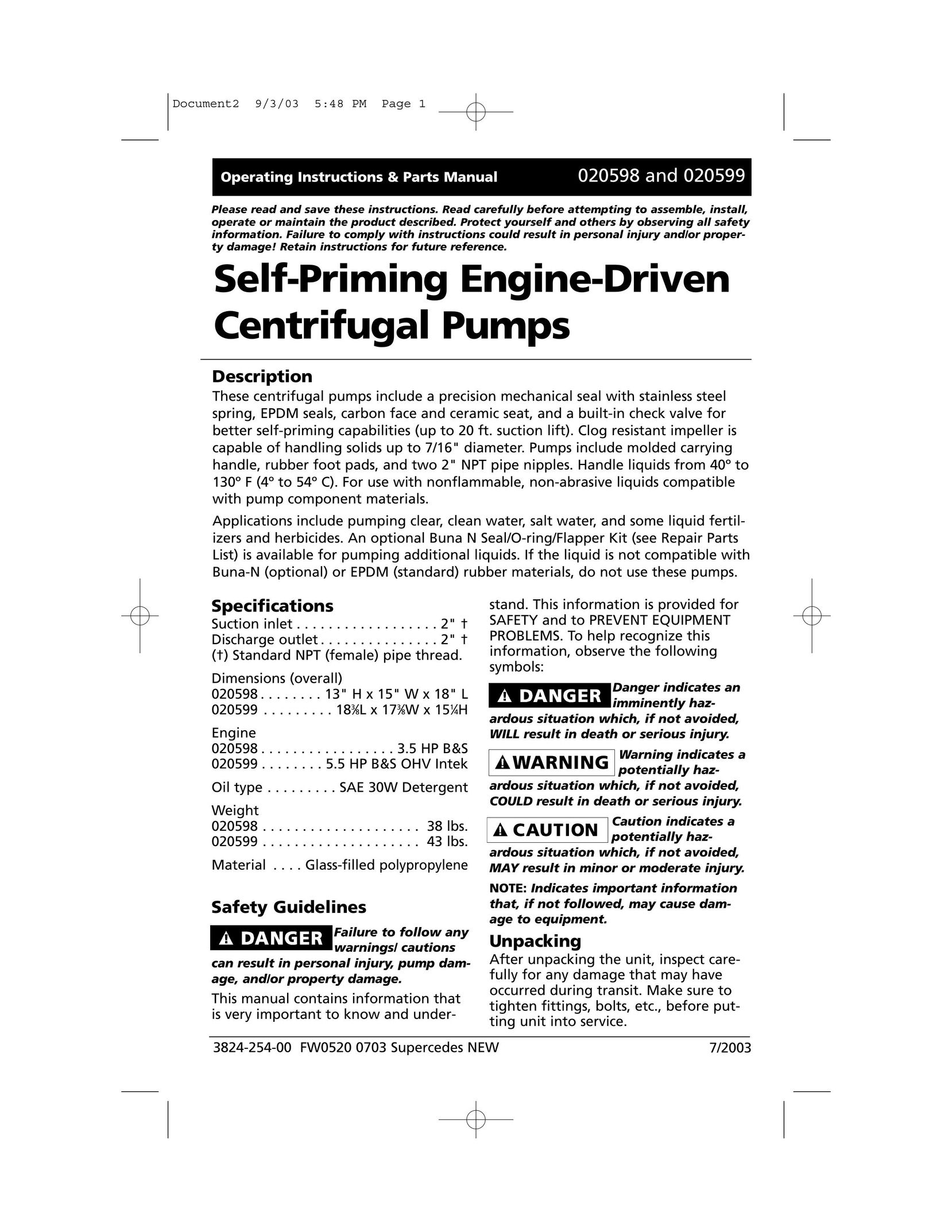 HP (Hewlett-Packard) 020598 Water Pump User Manual