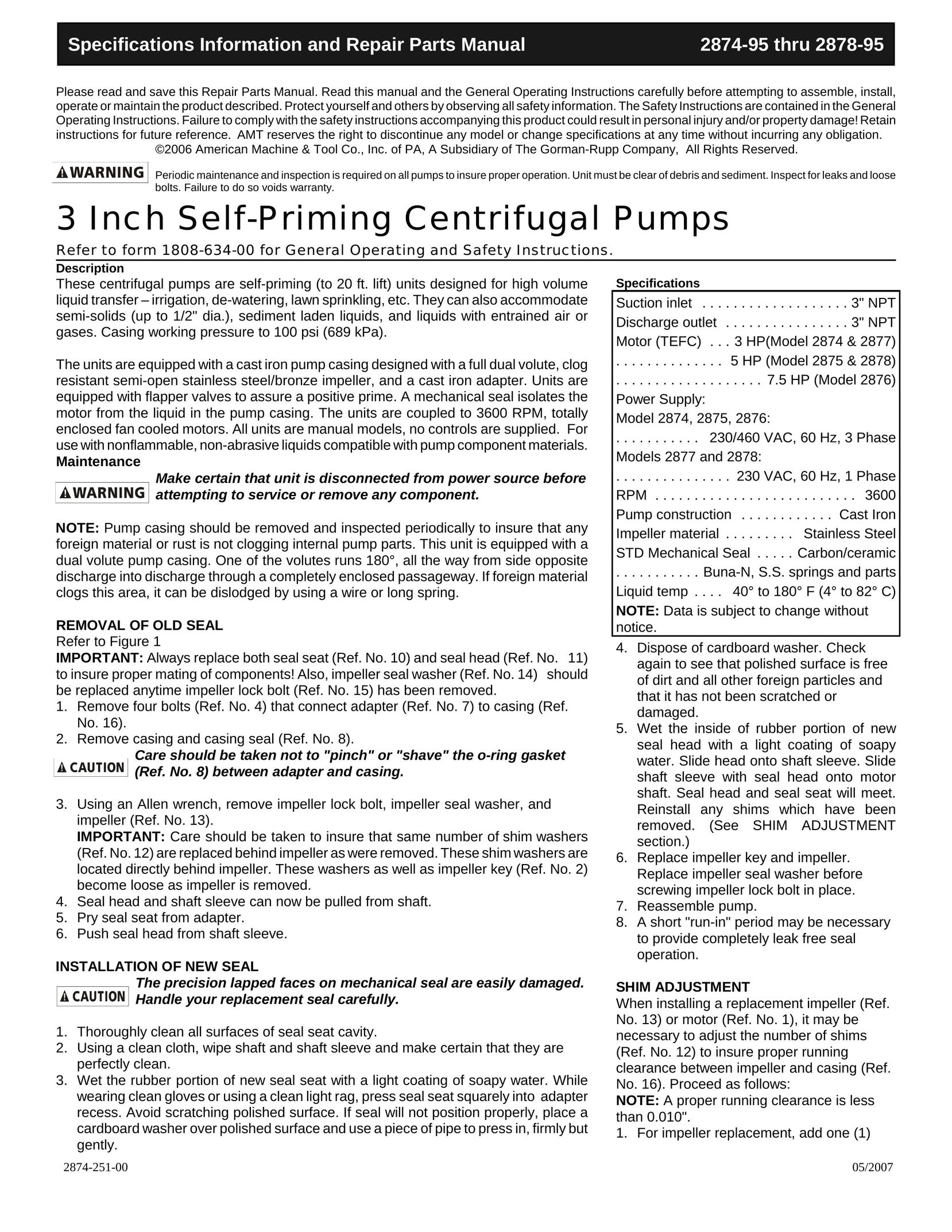 HP (Hewlett-Packard) 2874 Water Pump User Manual