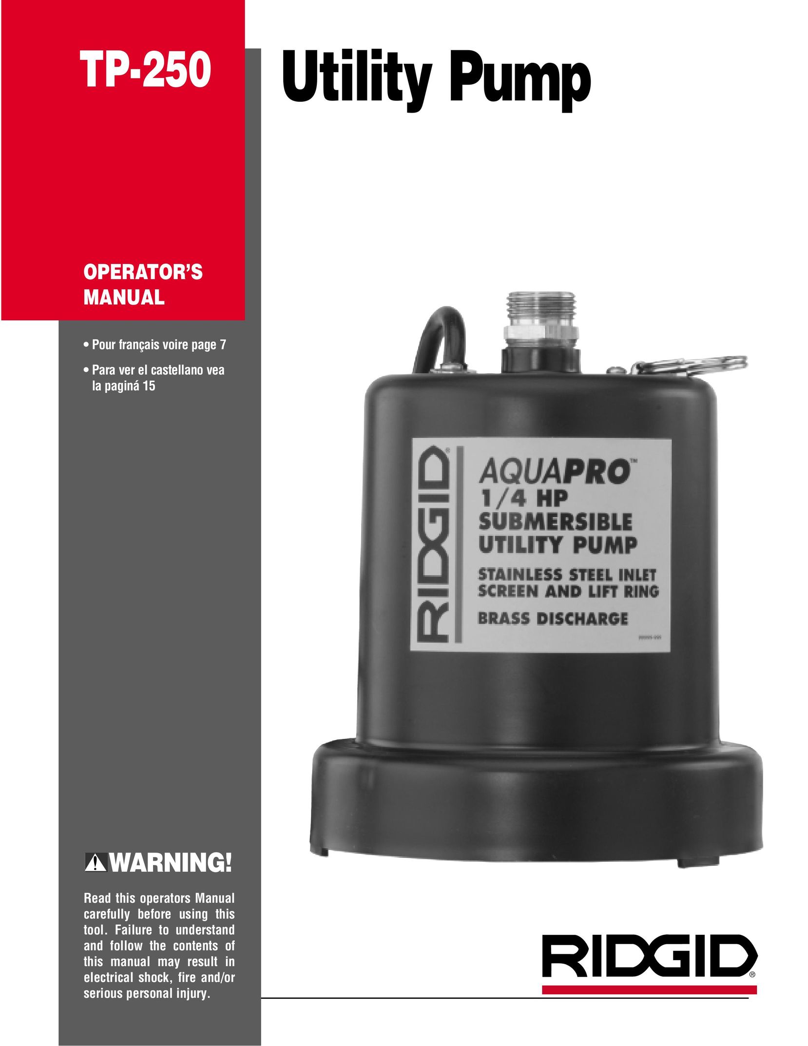 RIDGID TP-250 Water Pump User Manual