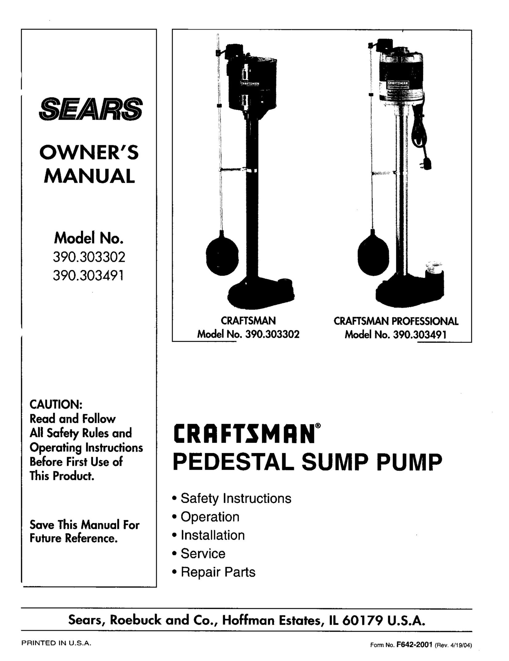 Sears 390.303302 Water Pump User Manual