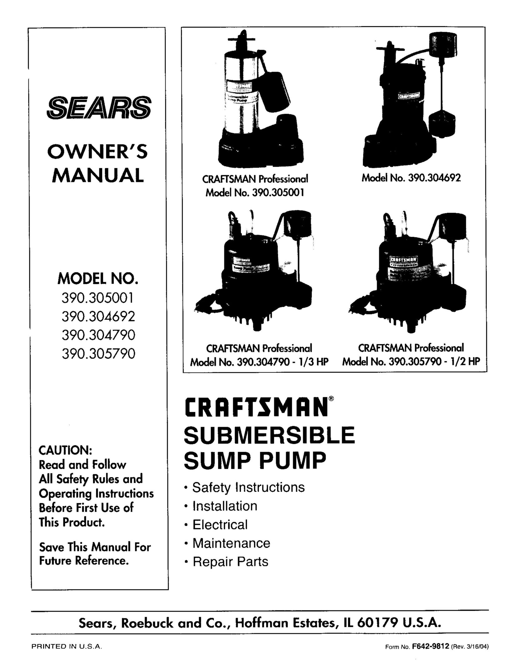 Sears 390.305001 Water Pump User Manual