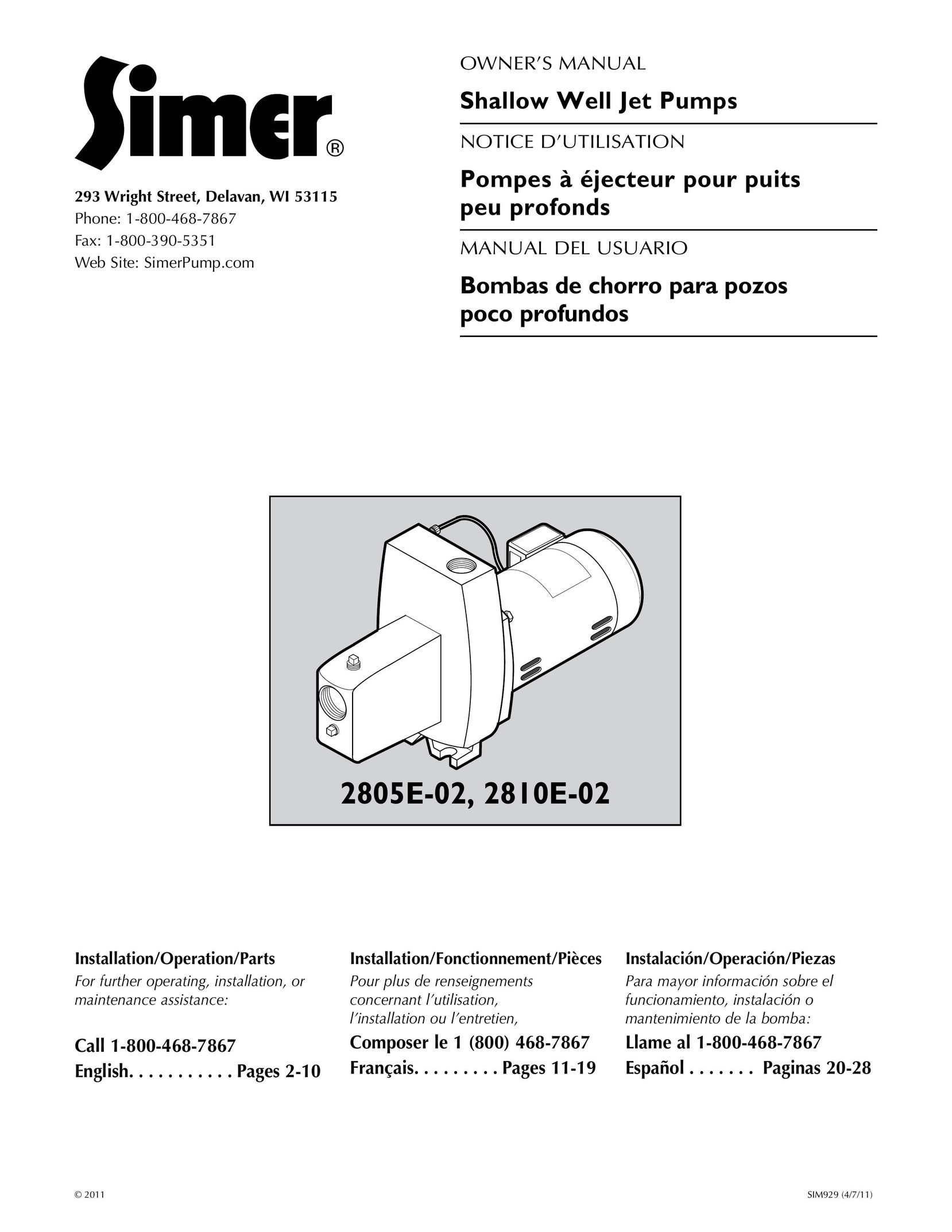 Simer Pumps 2.81E+01 Water Pump User Manual